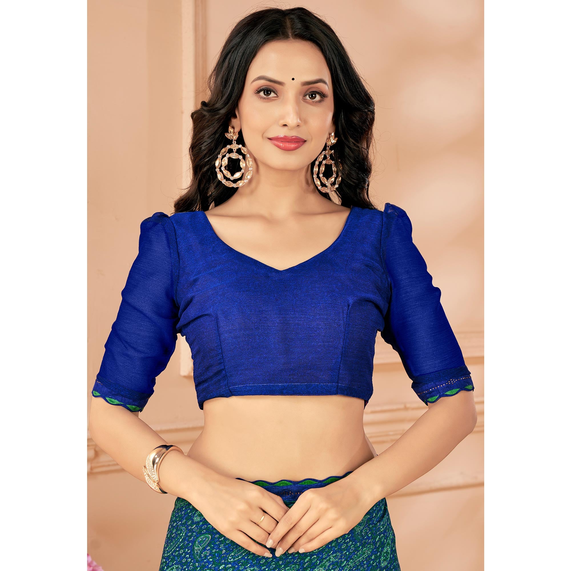 Blue Printed Chiffon Saree With Lace Border