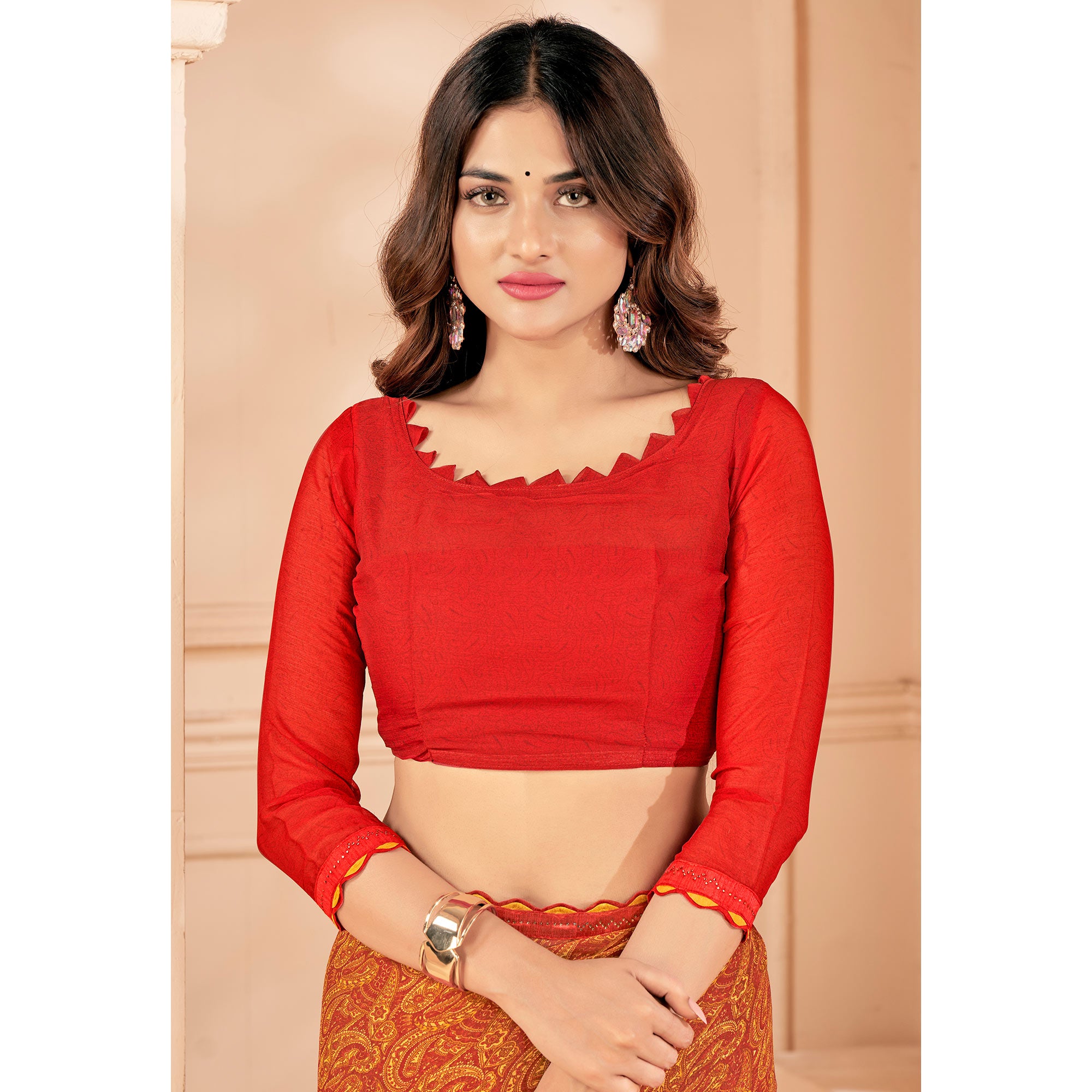 Orange Printed Chiffon Saree With Lace Border