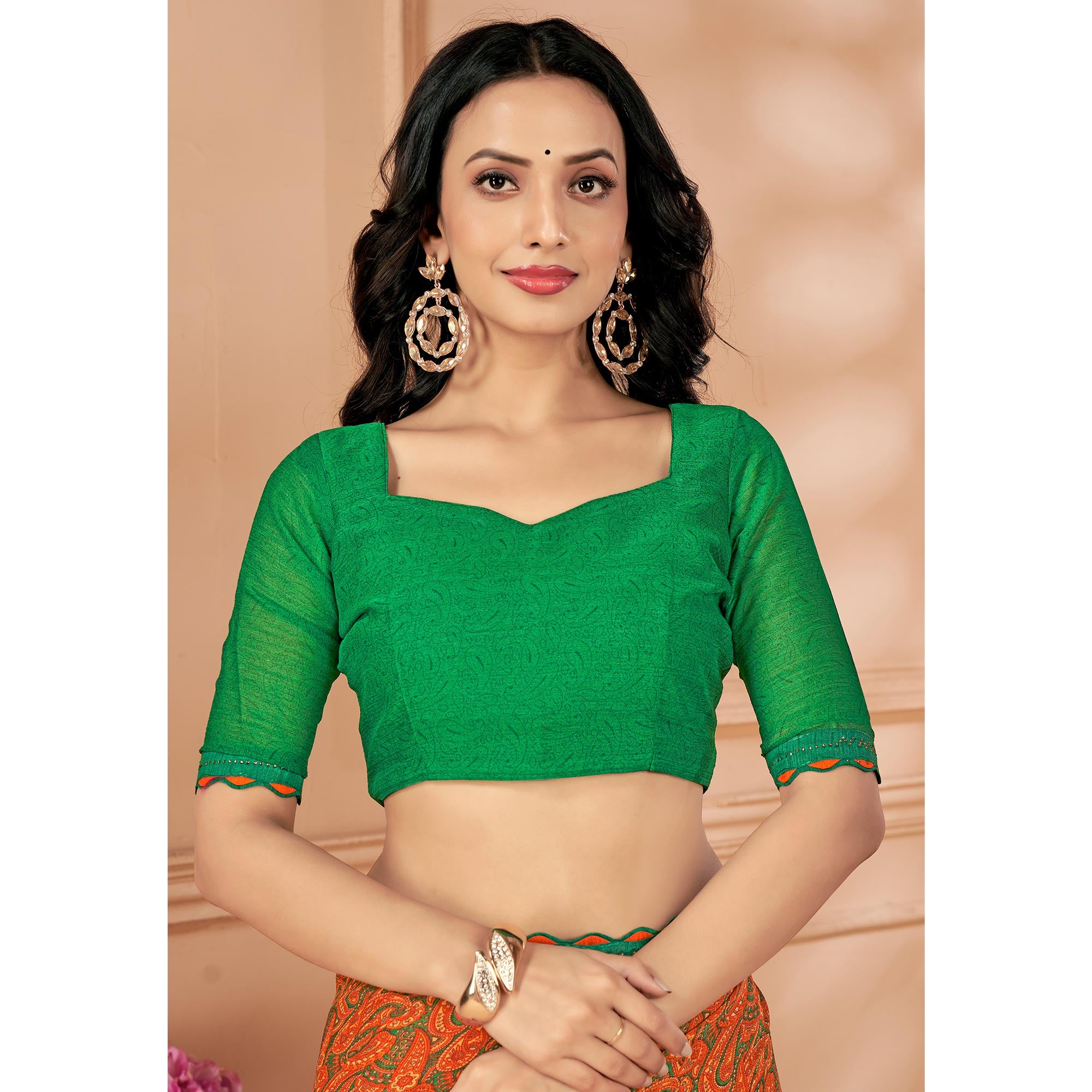Orange Printed Chiffon Saree With Lace Border
