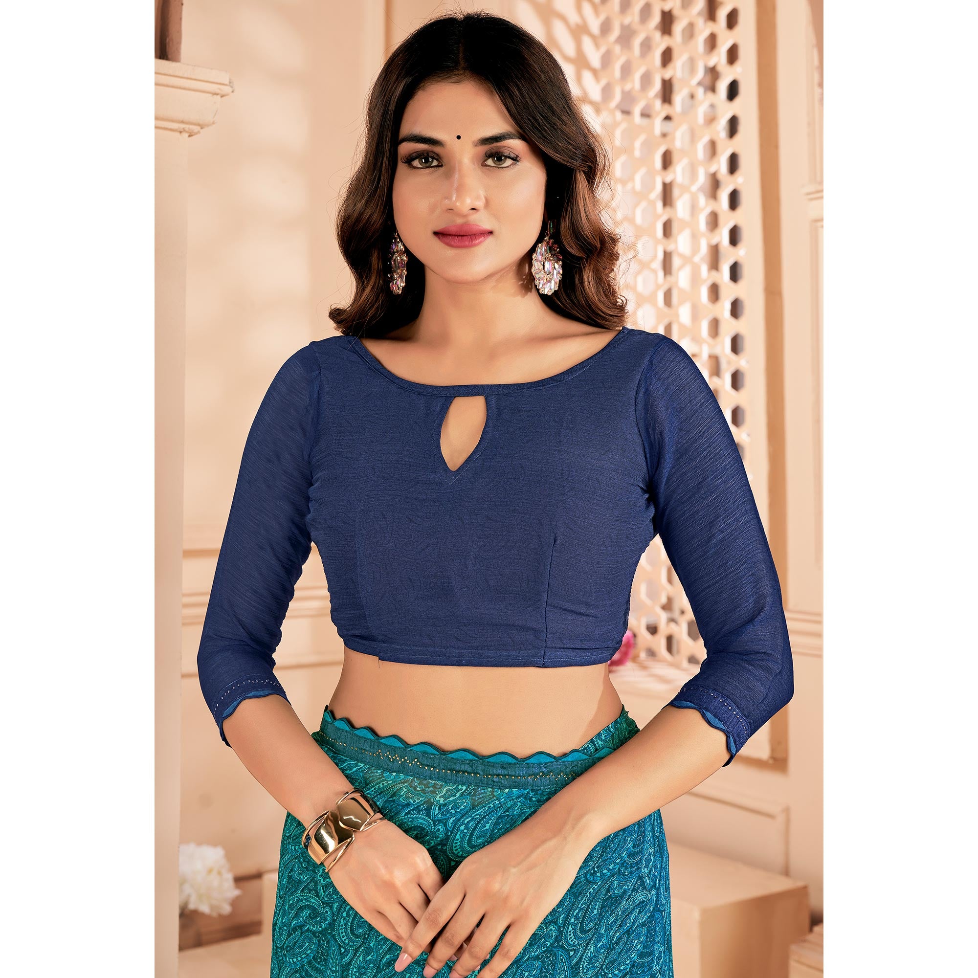 Blue Printed Chiffon Saree With Lace Border
