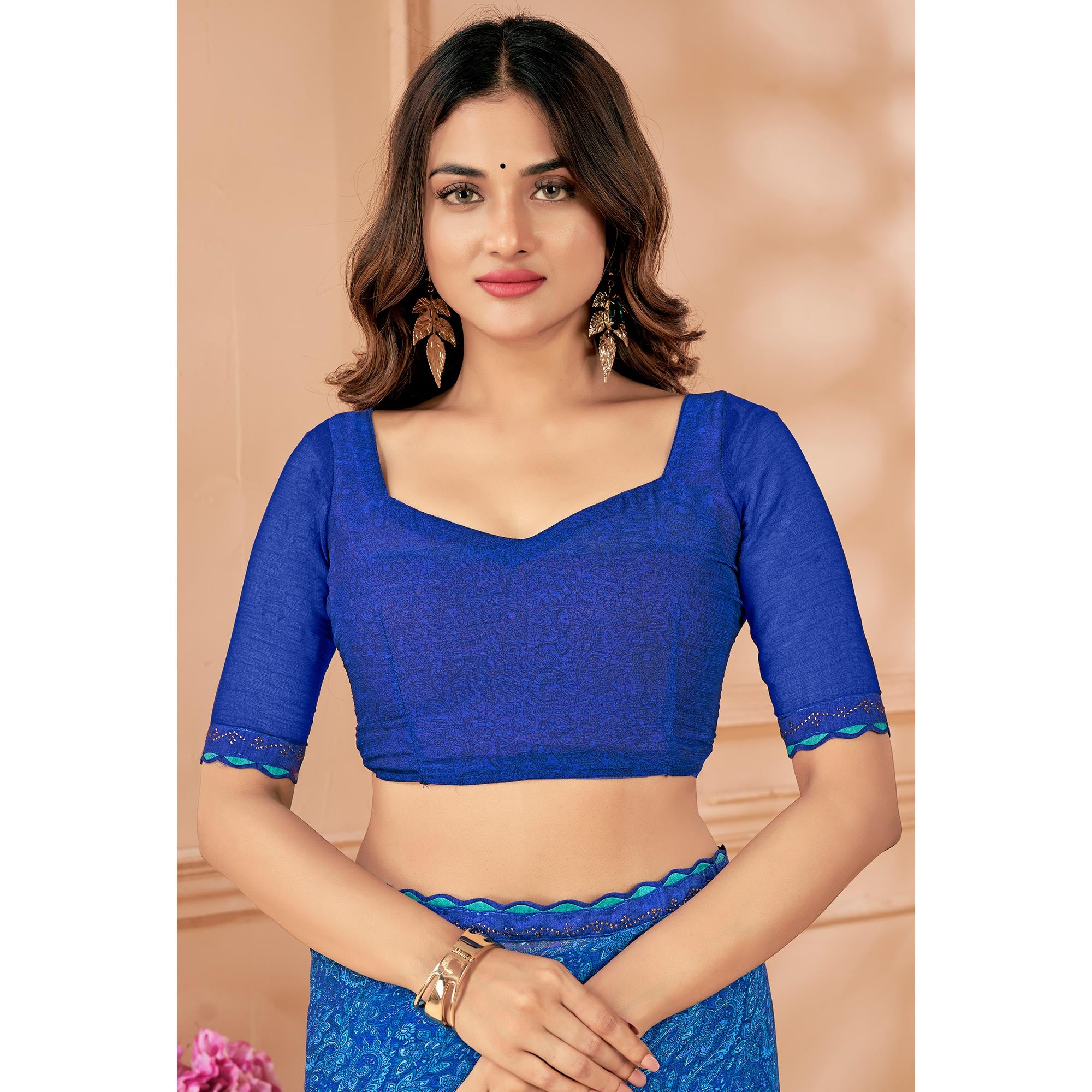Royal blue Printed Chiffon Saree With Lace Border