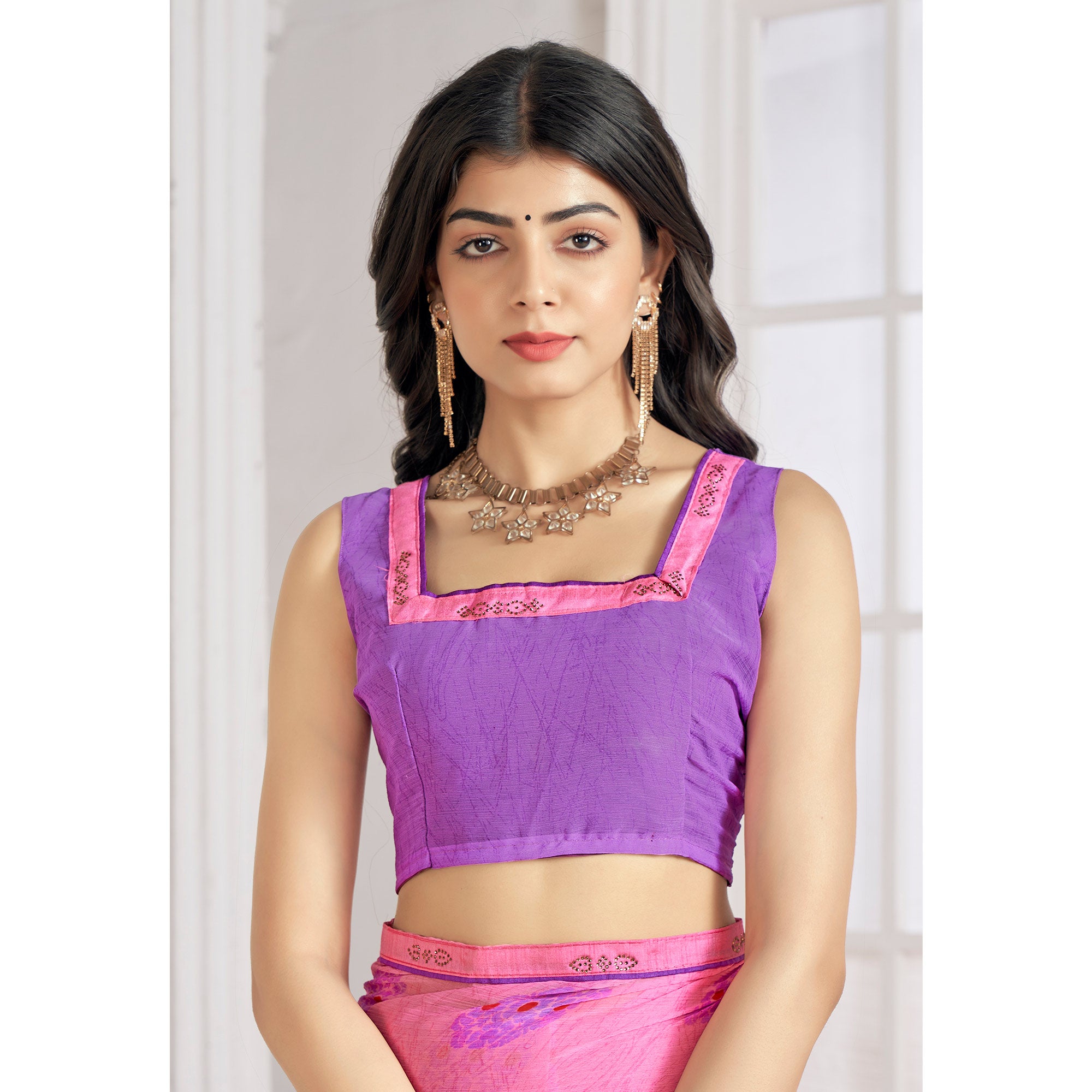 Pink Printed With Swarovski Chiffon Saree