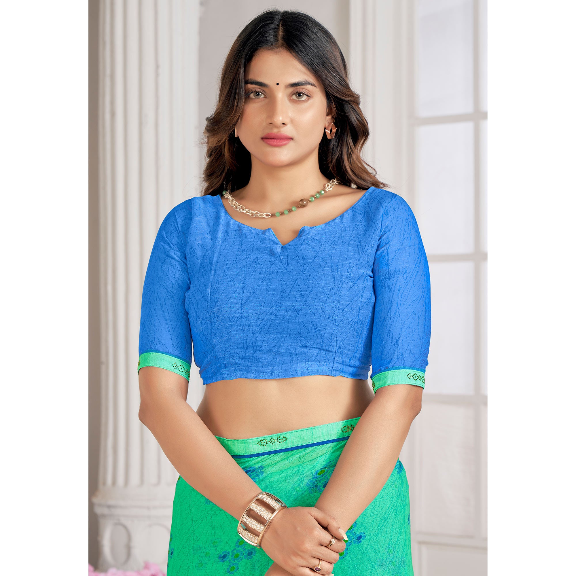 Turquoise Printed With Swarovski Chiffon Saree