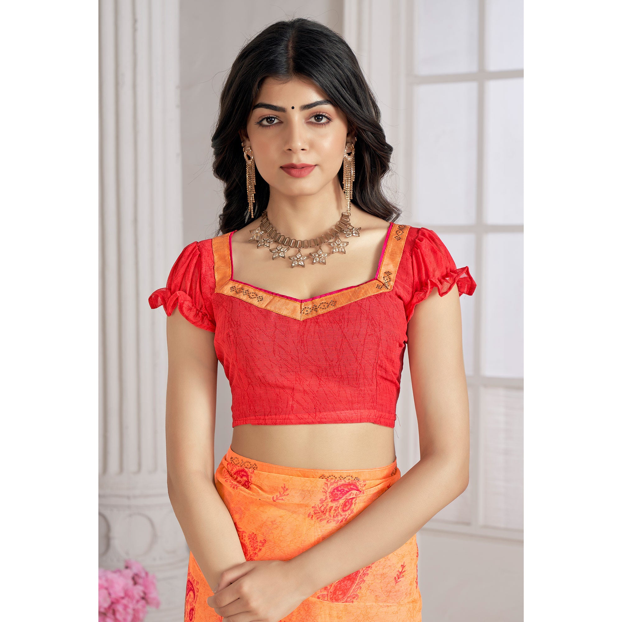 Orange Printed With Swarovski Chiffon Saree