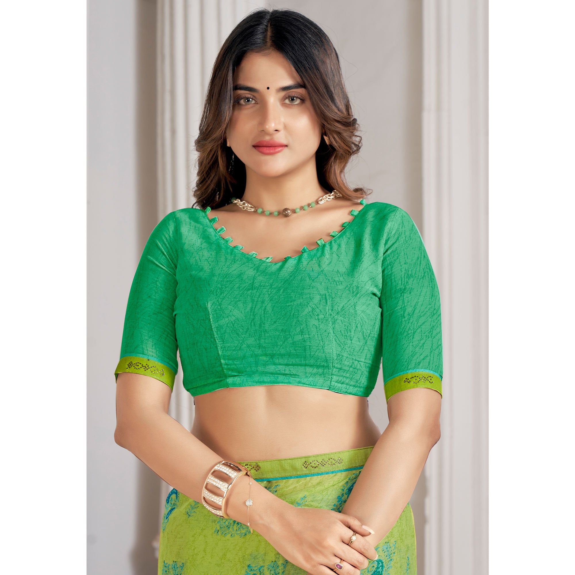 Green Printed With Swarovski Chiffon Saree