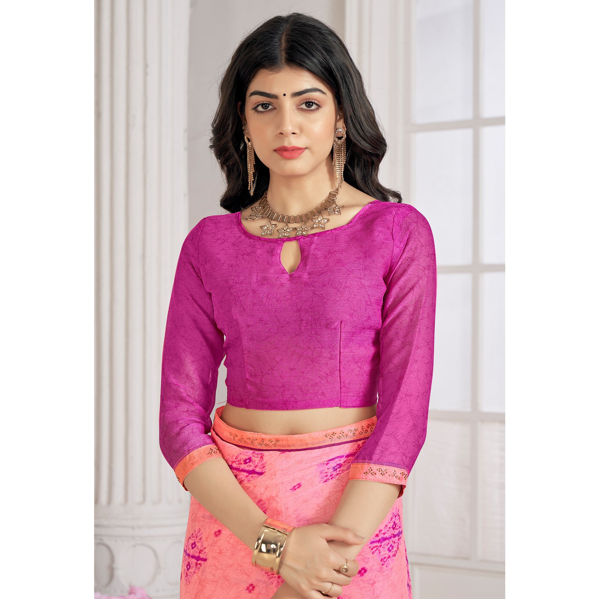 Pink Printed With Swarovski Chiffon Saree