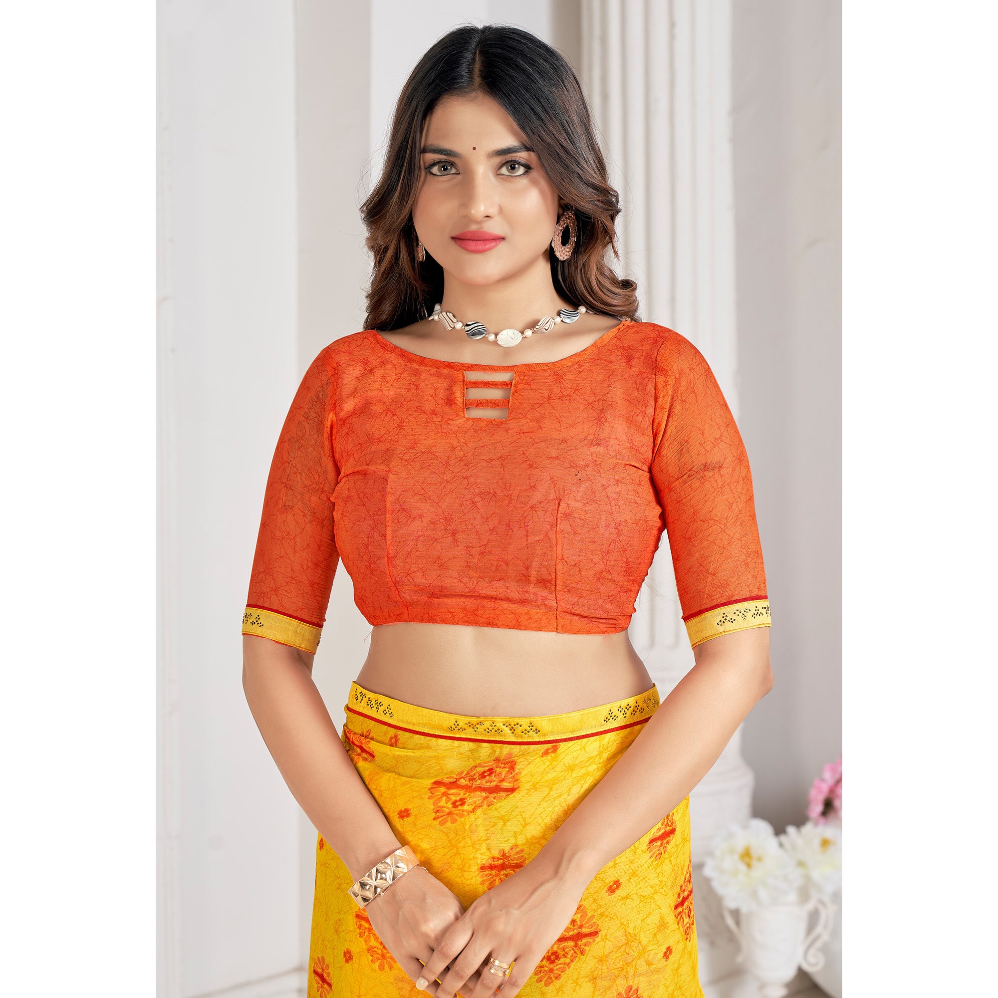 Yellow Printed With Swarovski Chiffon Saree