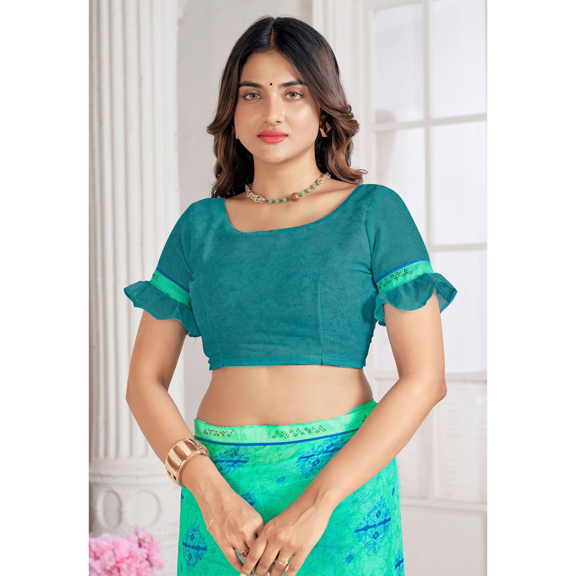Turquoise Printed With Swarovski Chiffon Saree