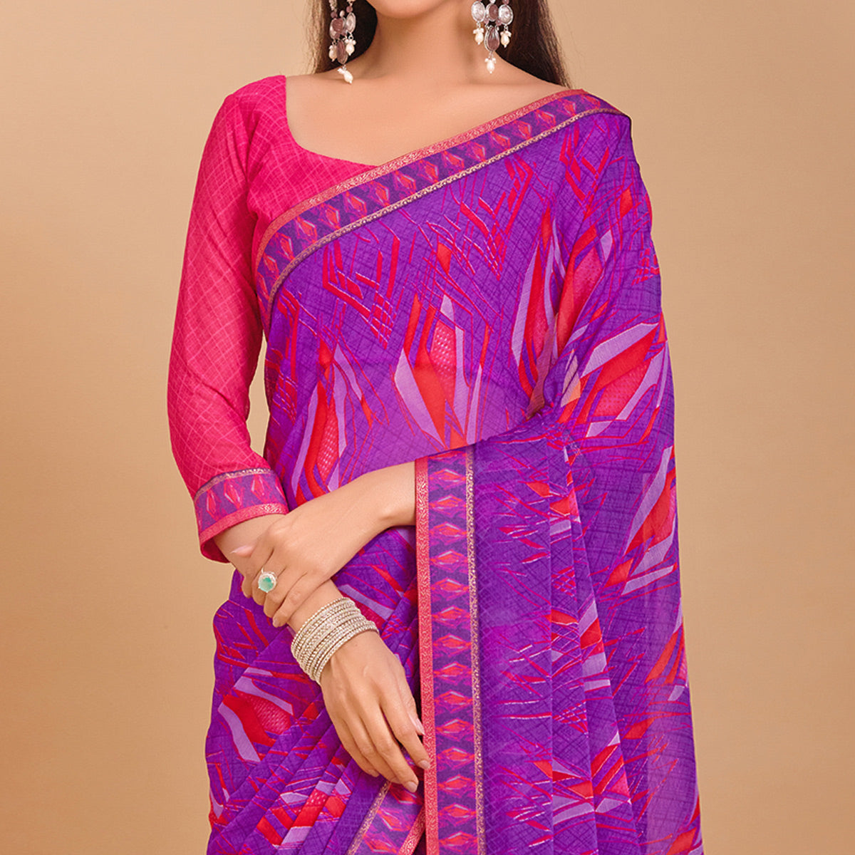 Purple Geometric Printed Chiffon Saree