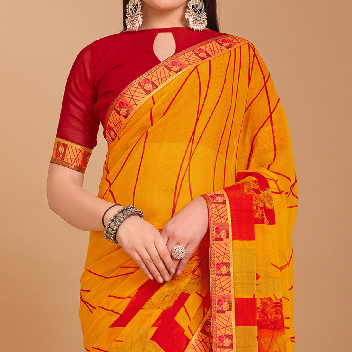 Mustard Geometric Printed Chiffon Saree