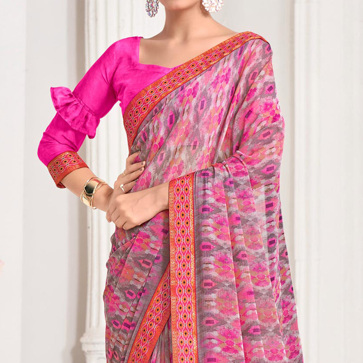 Pink Printed Chiffon Saree With Lace Border