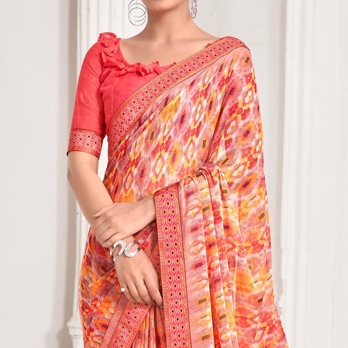Peach Printed Chiffon Saree With Lace Border