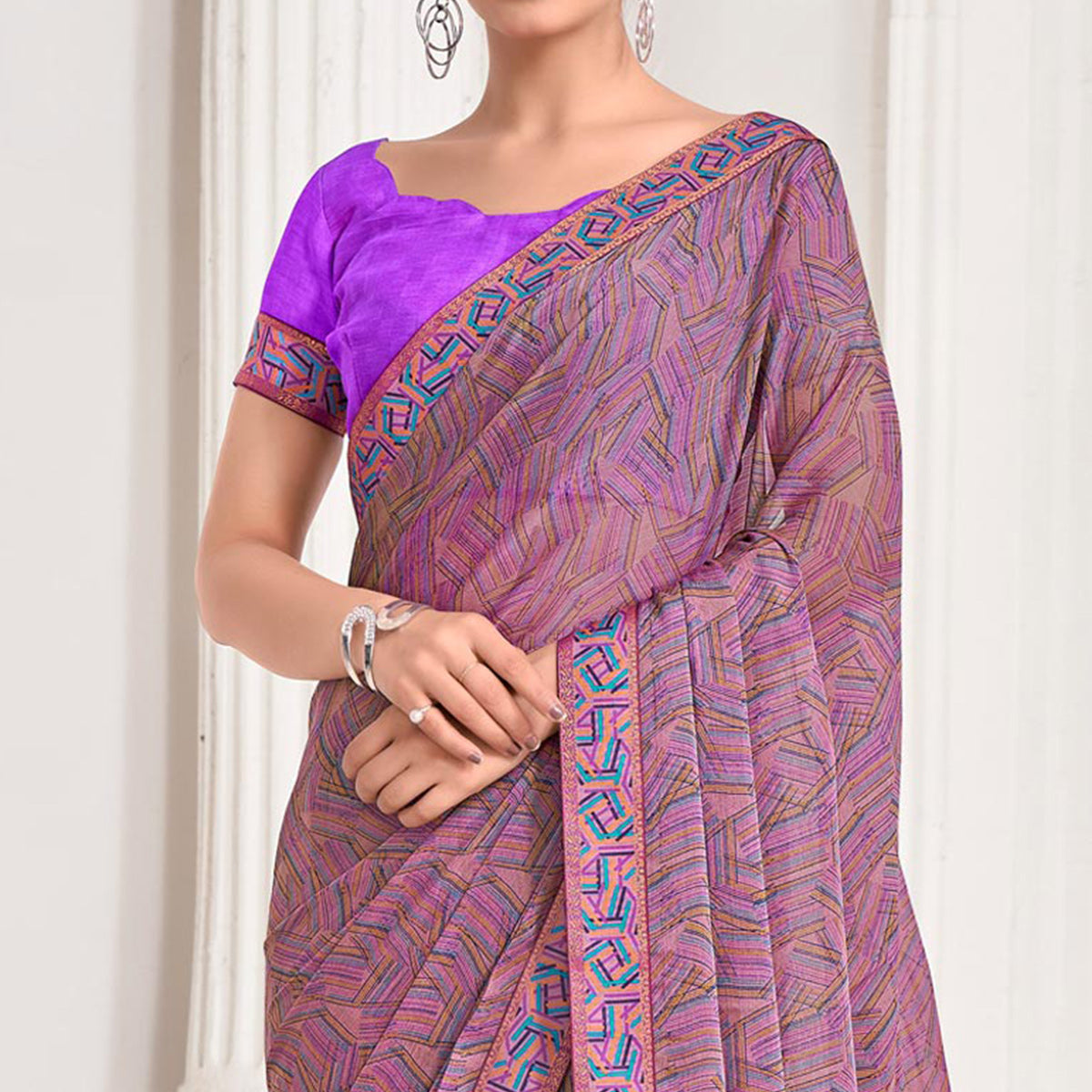 Purple Geometric Printed Chiffon Saree With Lace Border