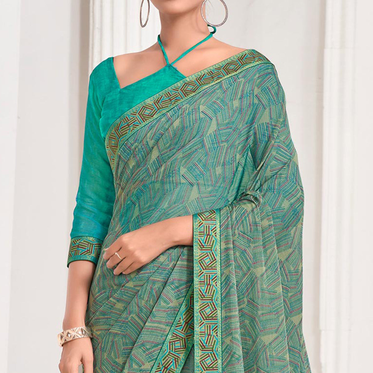 Green Geometric Printed Chiffon Saree With Lace Border