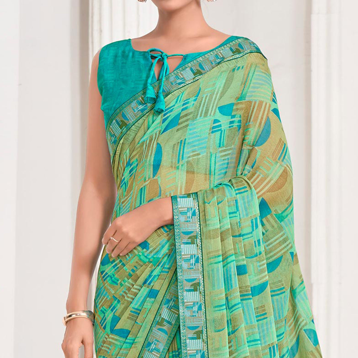 Green Geometric Printed Chiffon Saree With Lace Border