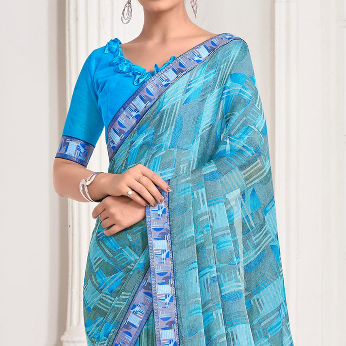 Sky Blue Geometric Printed Chiffon Saree With Lace Border