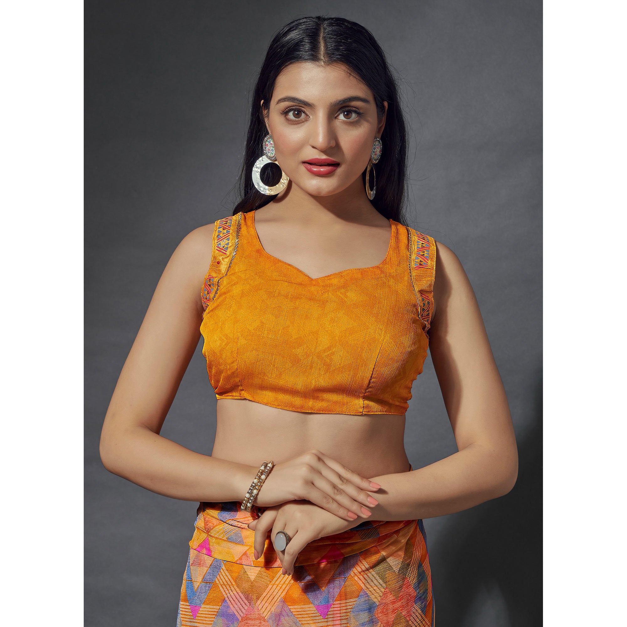 Mustard Printed Chiffon Saree With Lace Border