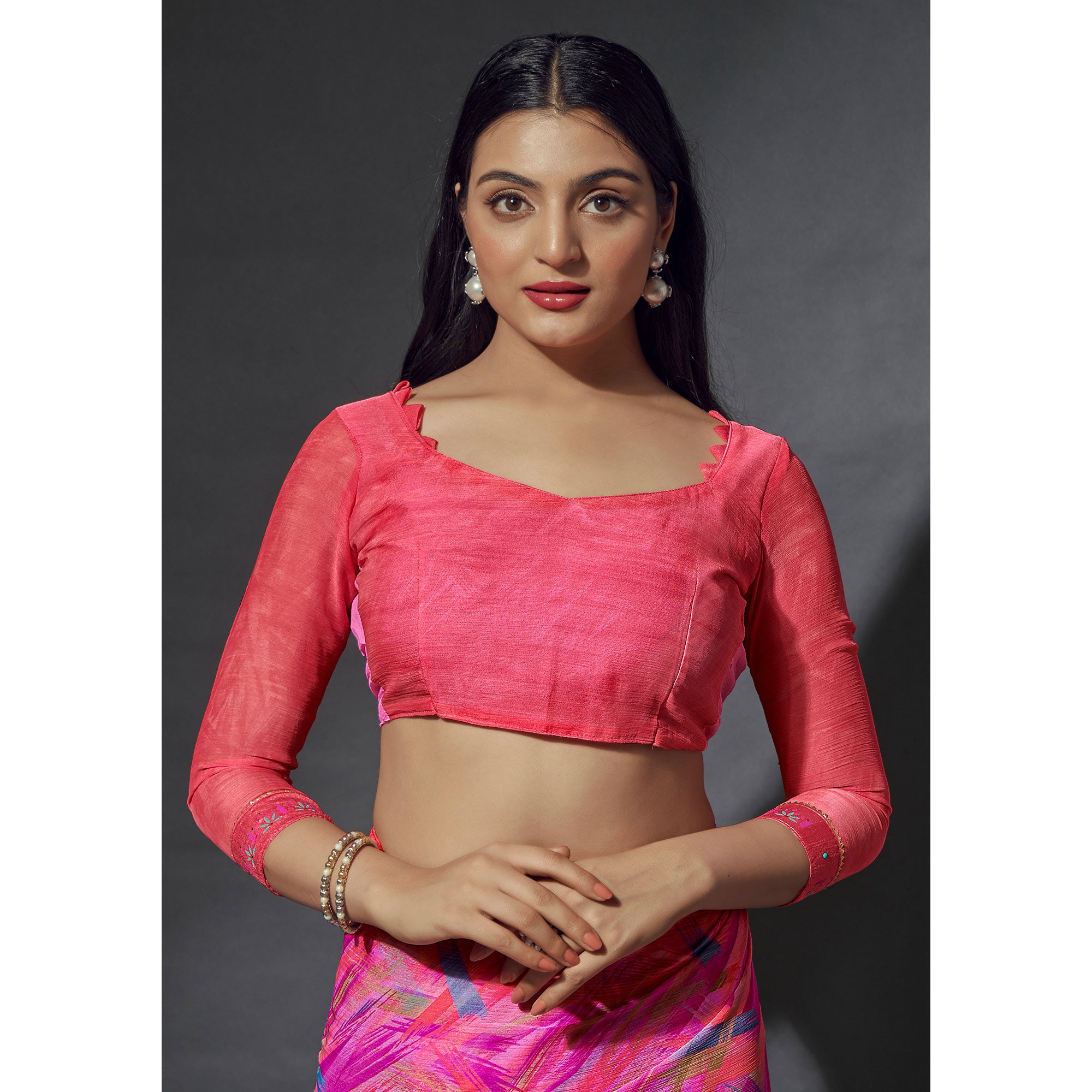Pink Printed Chiffon Saree With Lace Border