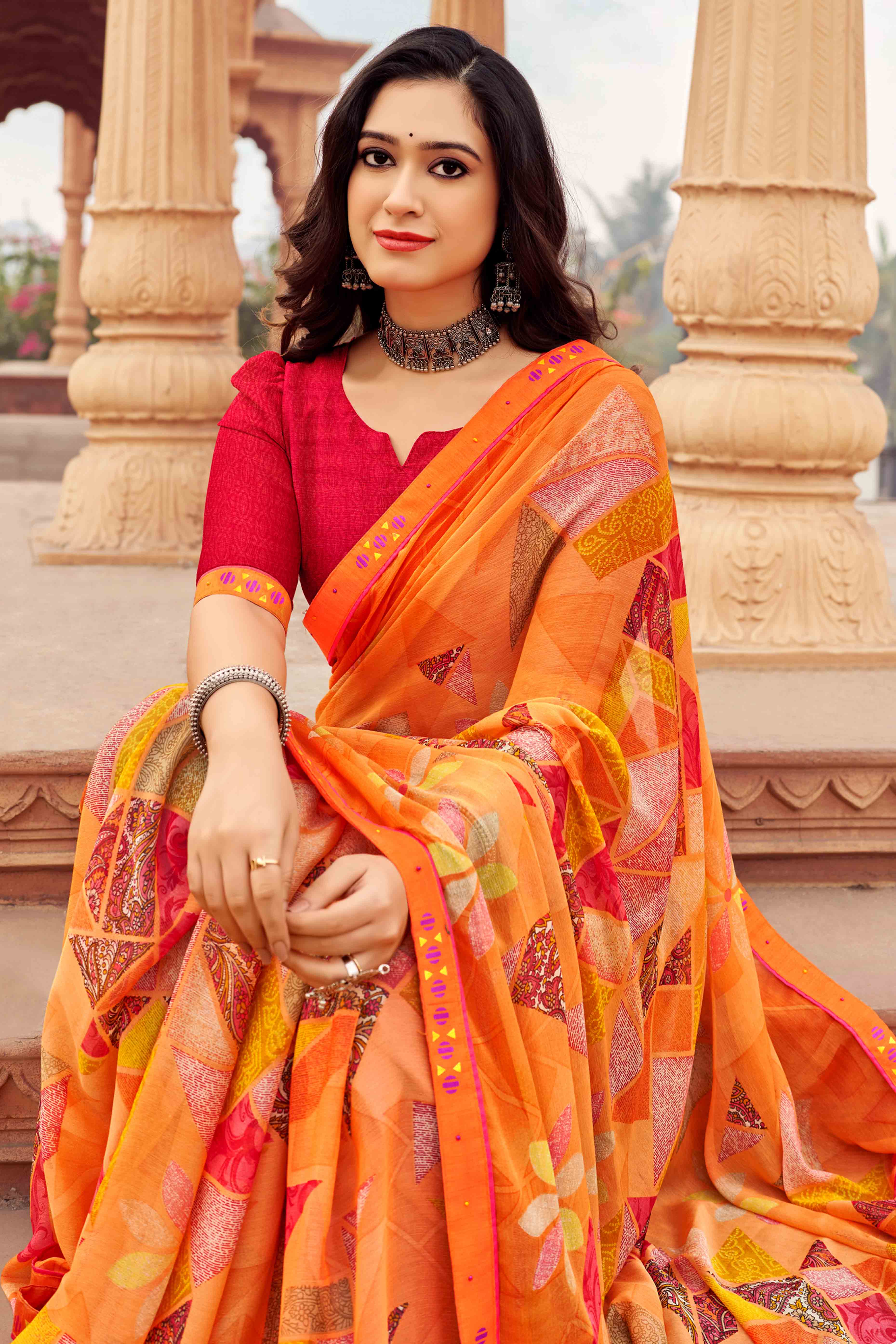 Orange Abstract Printed Chiffon Saree
