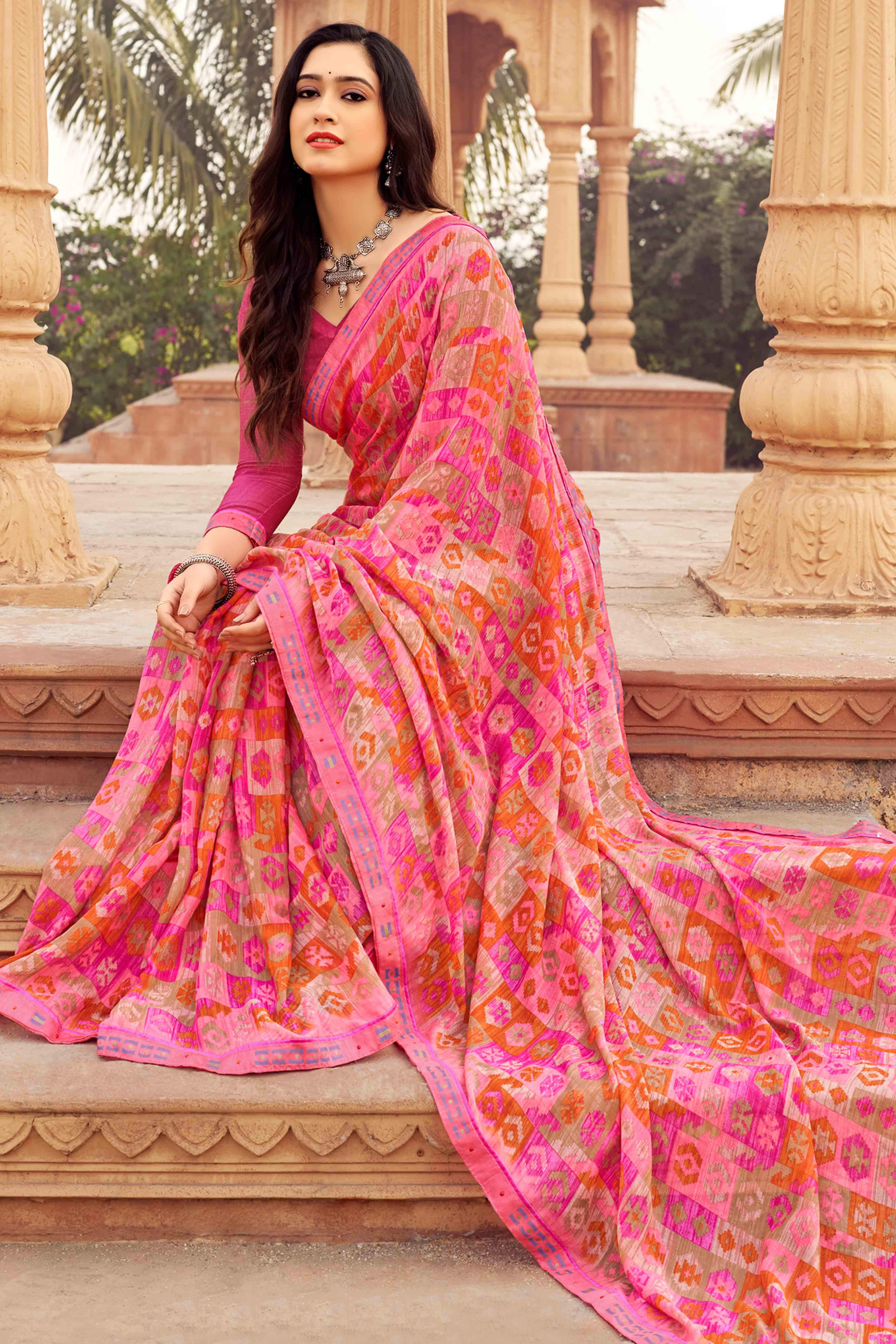 Pink Abstract Printed Chiffon Saree