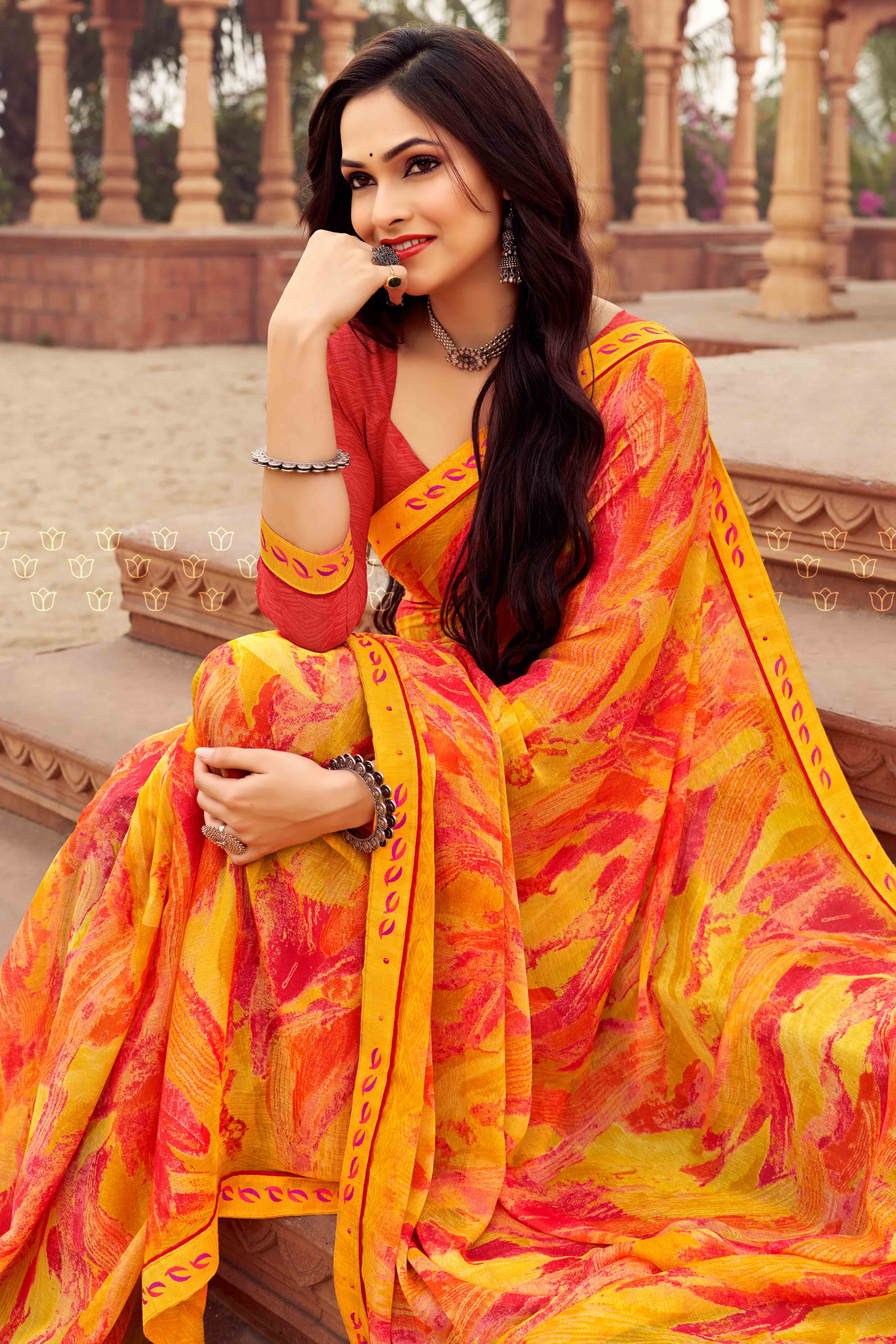 Yellow Abstract Printed Chiffon Saree