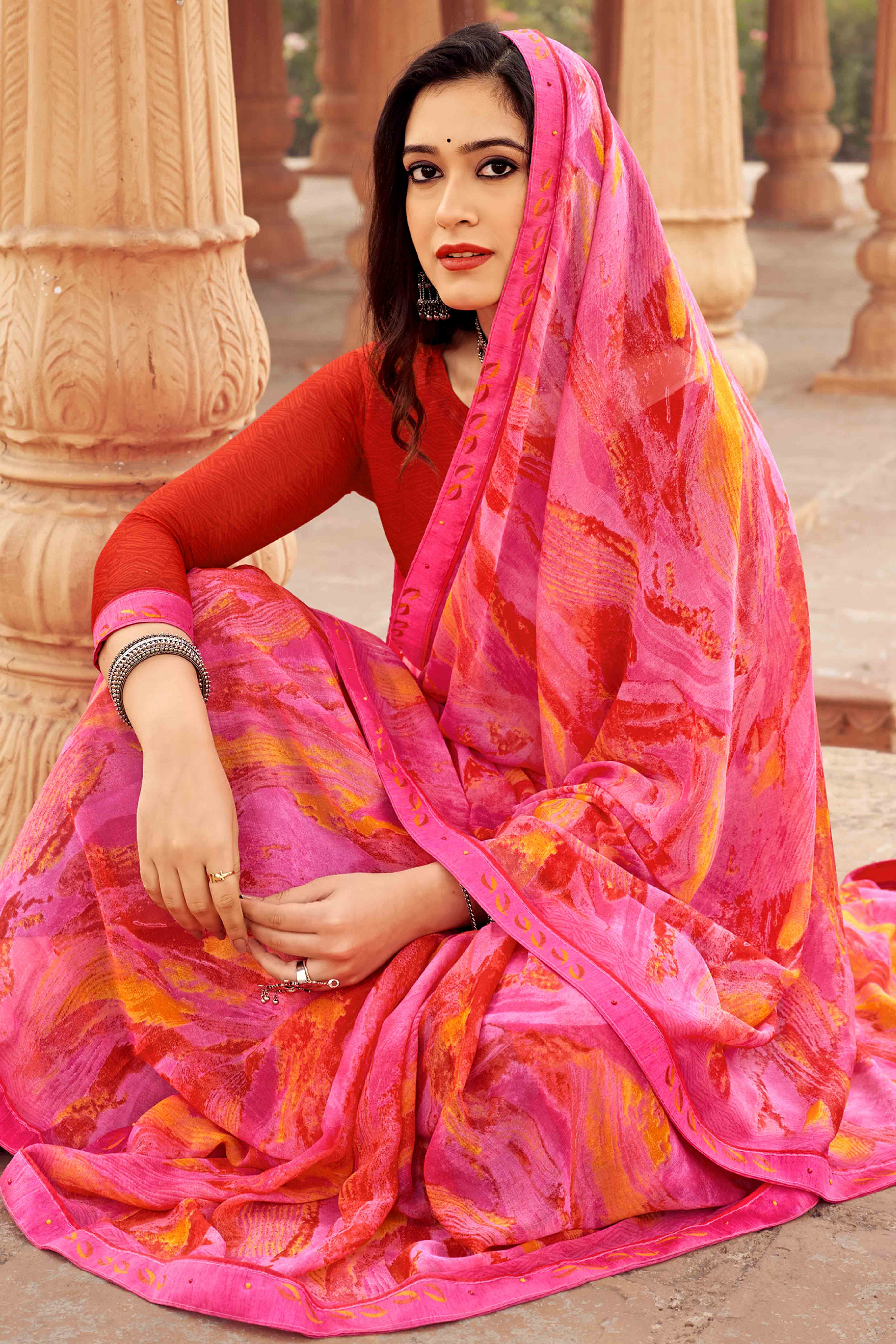 Pink Abstract Printed Chiffon Saree