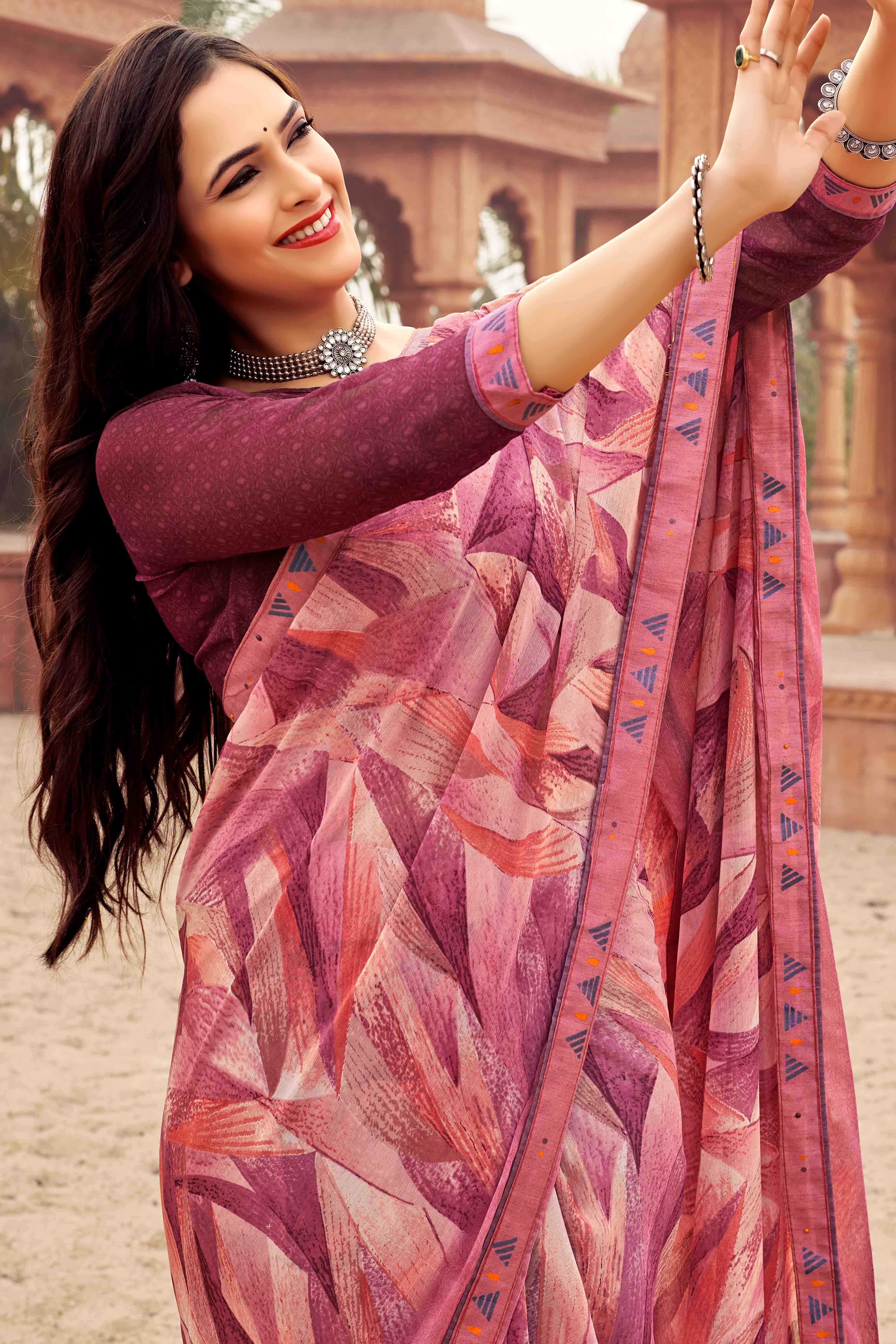 Wine Abstract Printed Chiffon Saree
