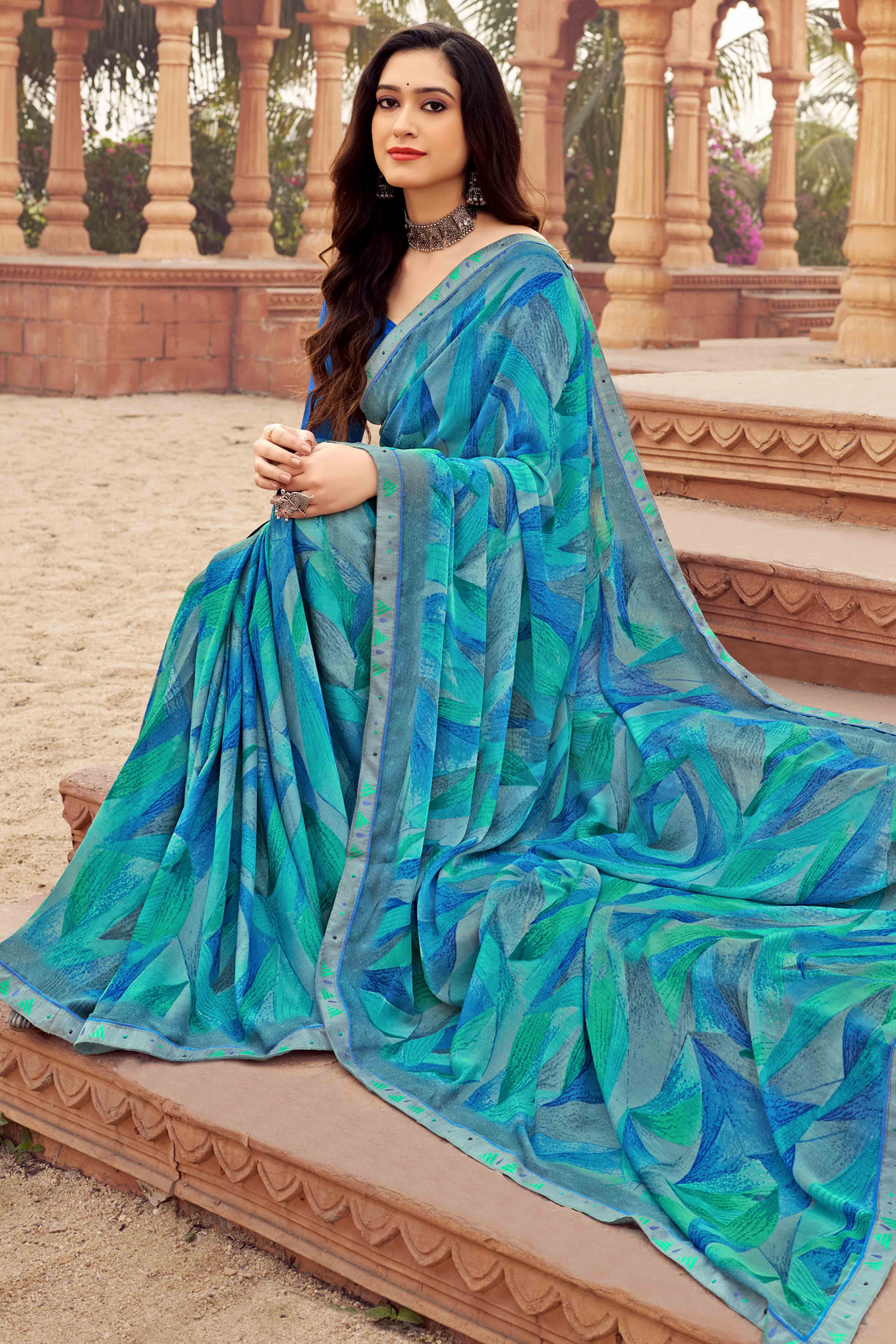 Blue Abstract Printed Chiffon Saree