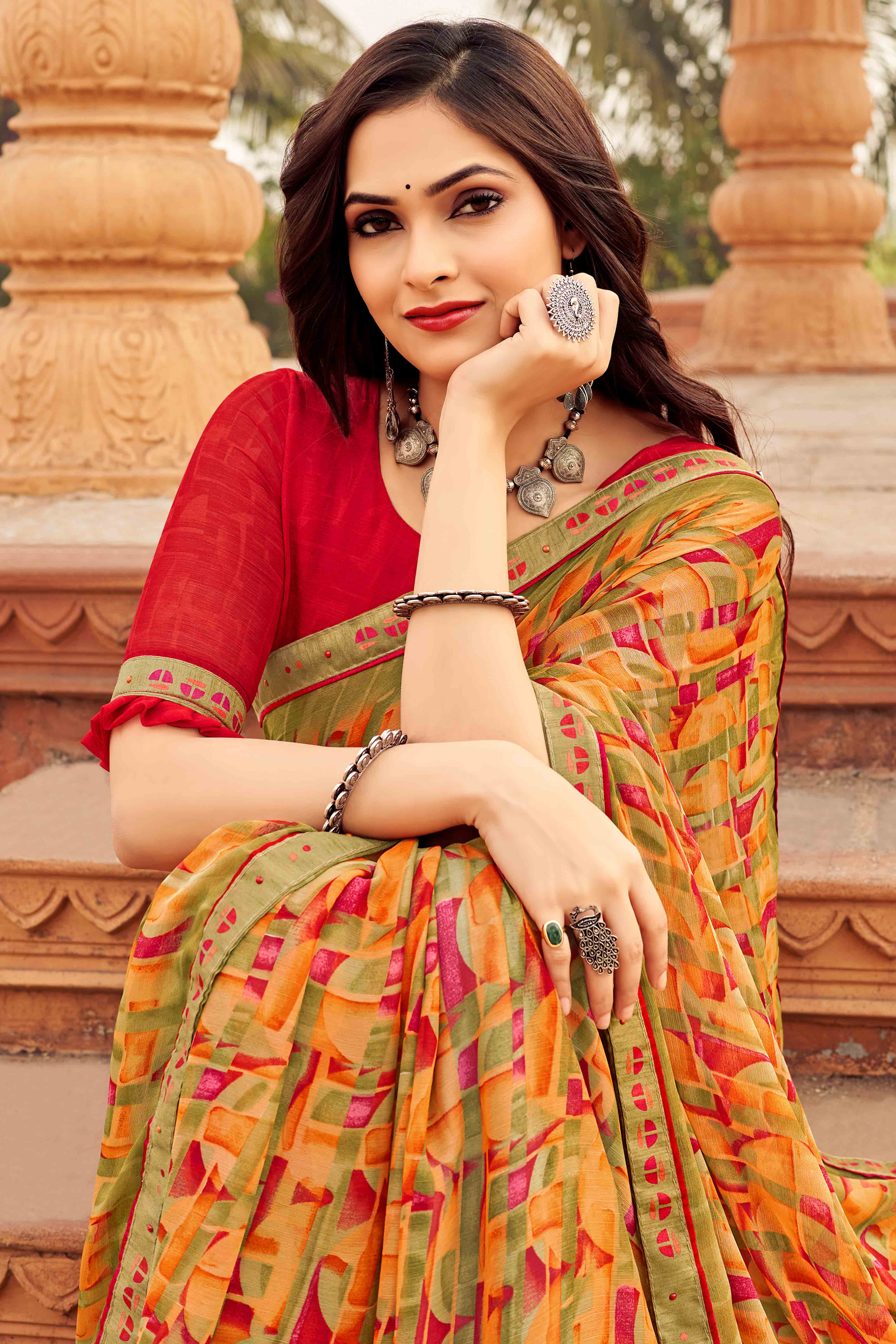 Dull Orange Abstract Printed Chiffon Saree