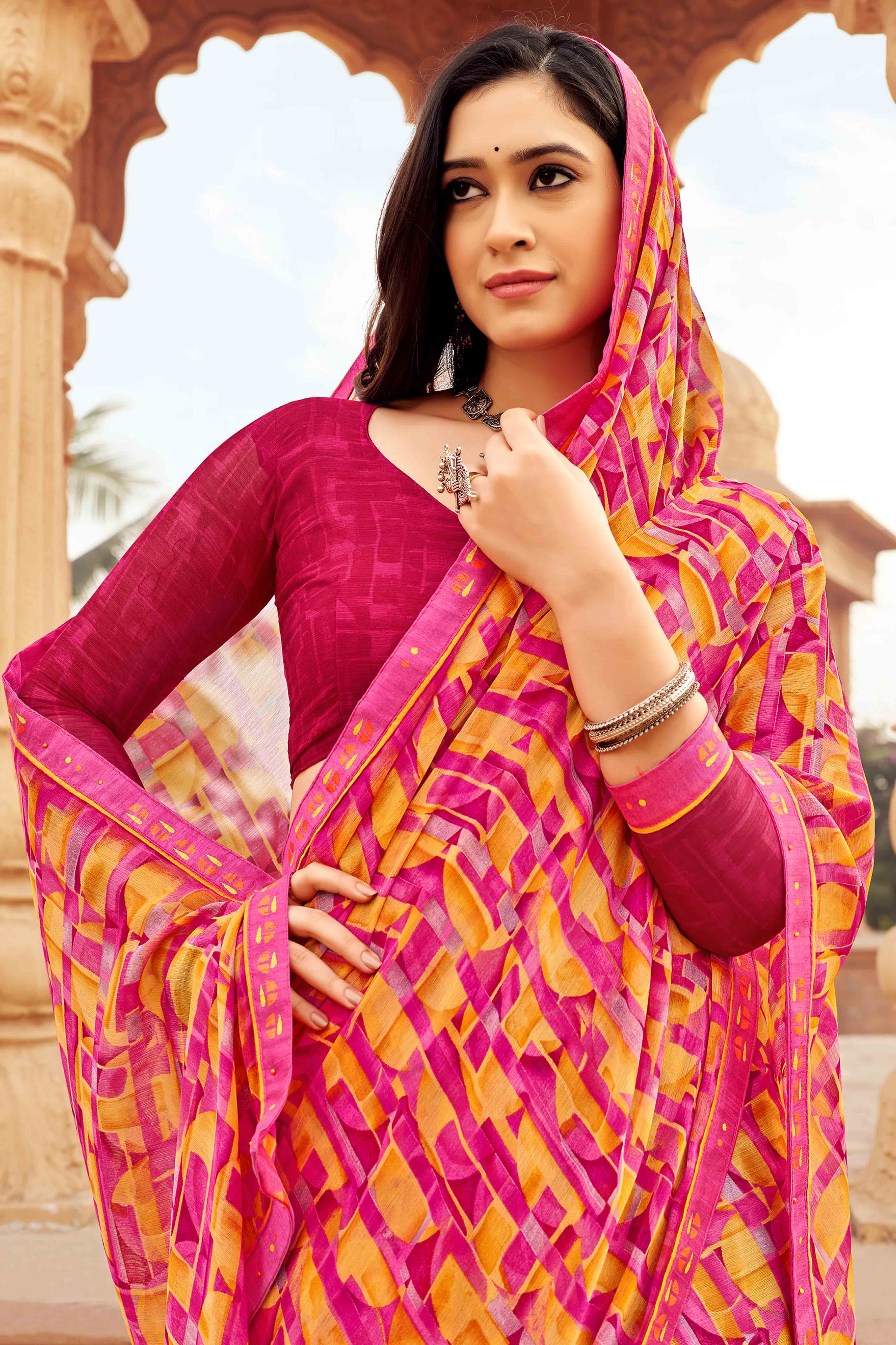 Pink Abstract Printed Chiffon Saree