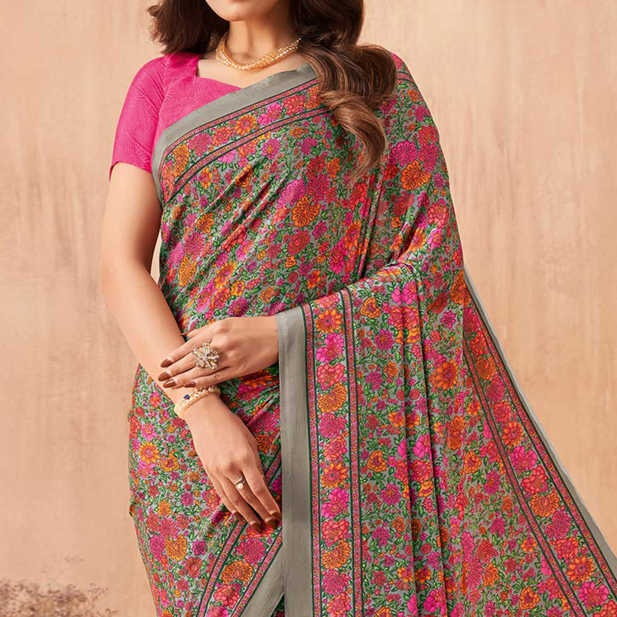 Pink Floral Printed Crepe Saree
