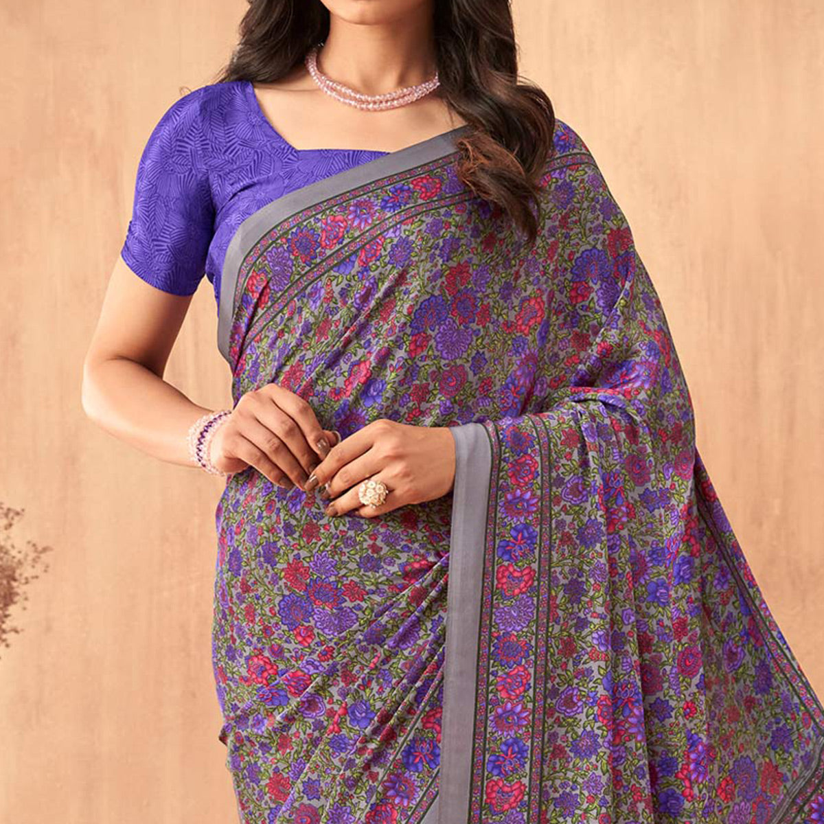Purple Floral Printed Crepe Saree