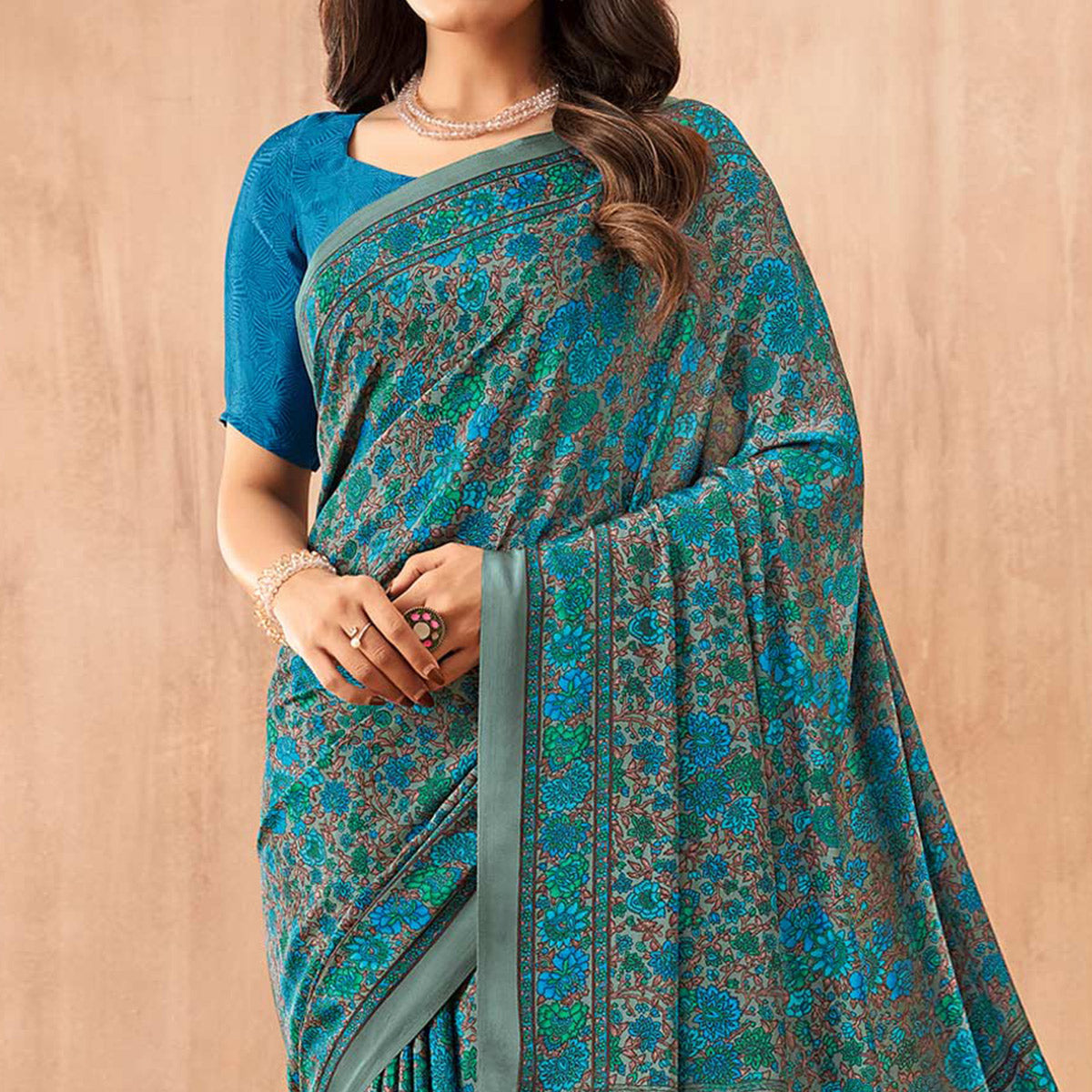 Teal Floral Printed Crepe Saree