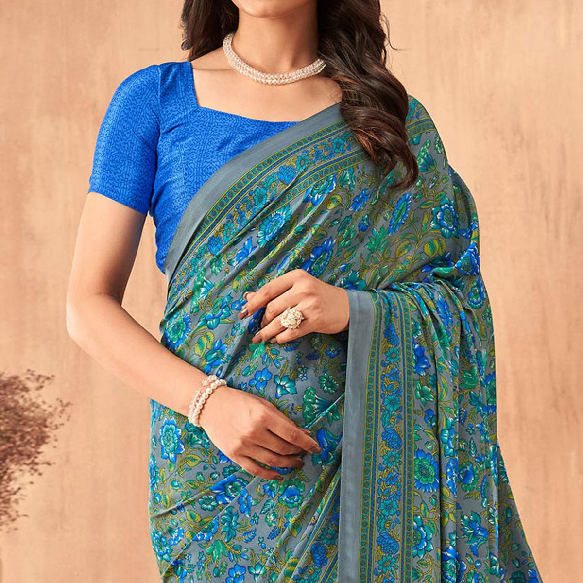 Teal Floral Printed Crepe Saree