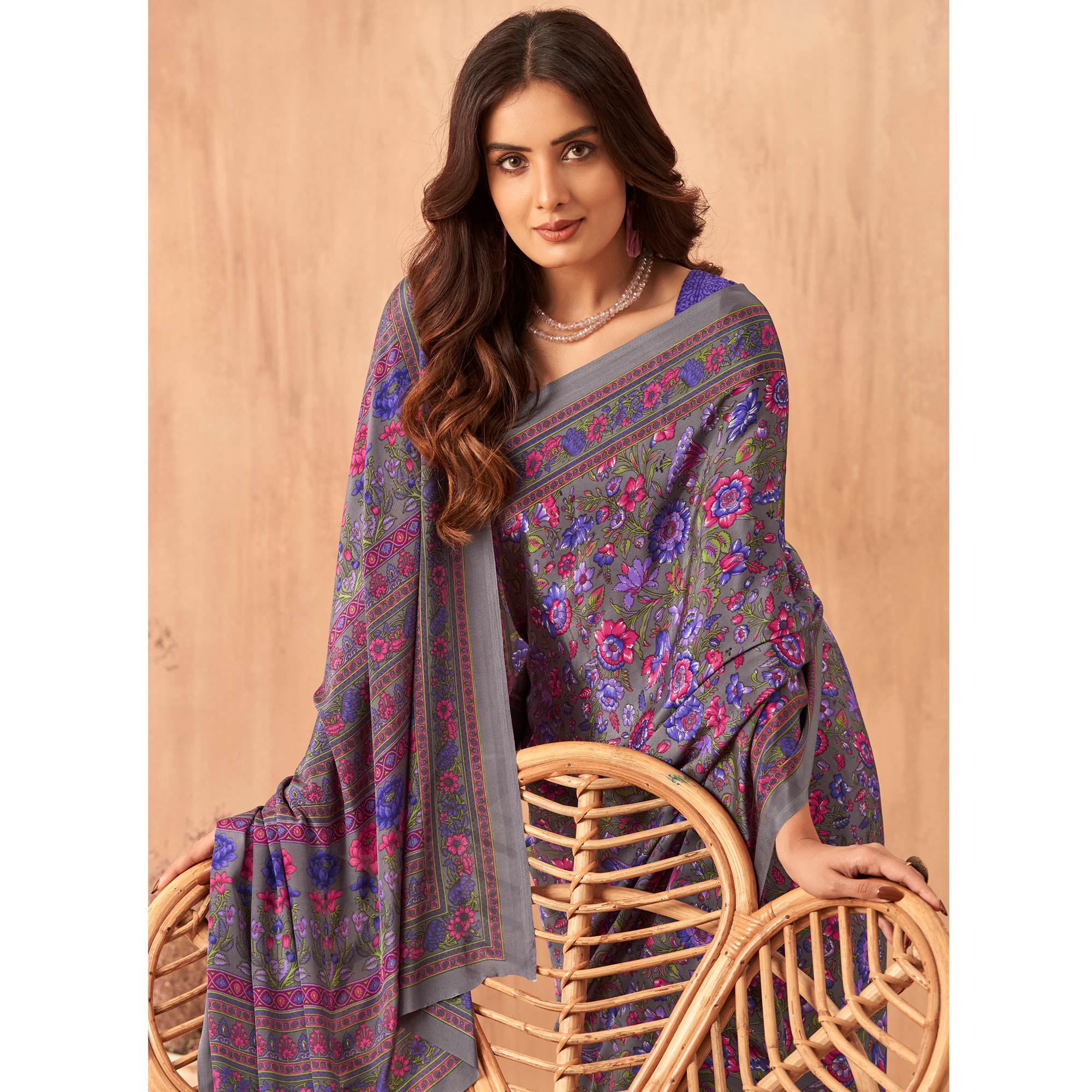 Purple Floral Printed Crepe Saree