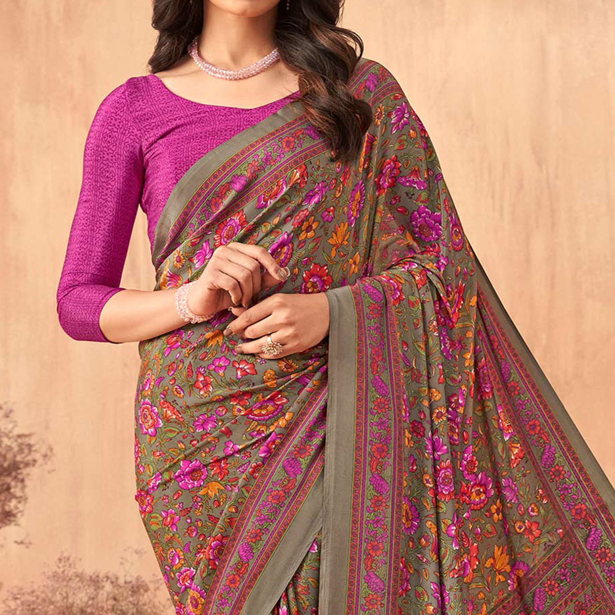 Pink Floral Printed Crepe Saree