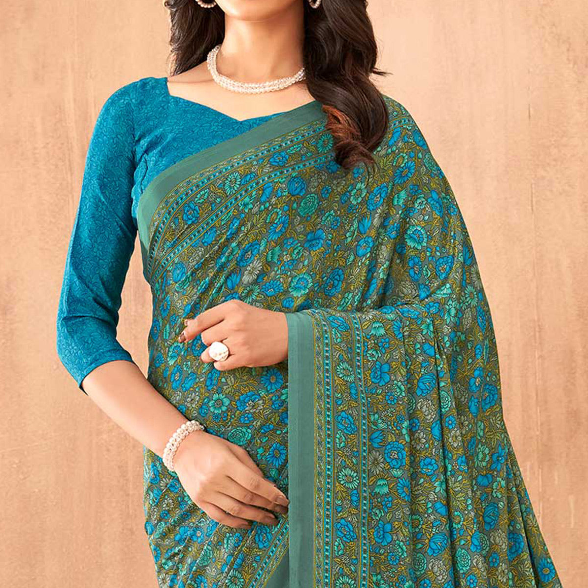 Teal Floral Printed Crepe Saree