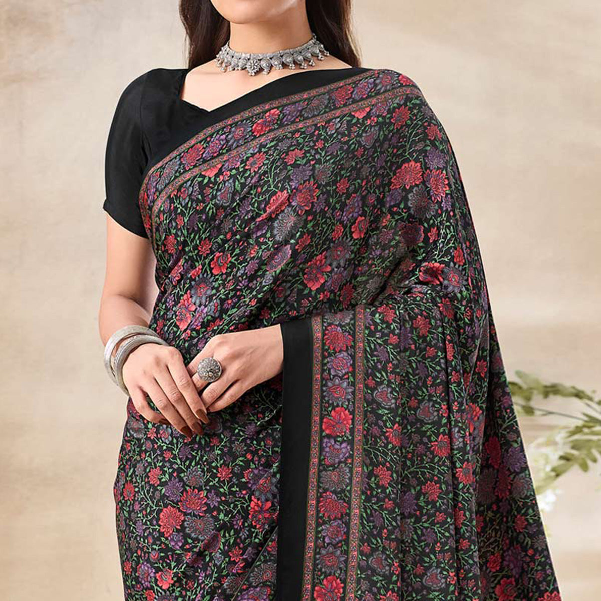 Black Floral Printed Crepe Saree