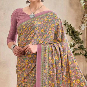 Mauve Crepe Silk Floral Printed Saree