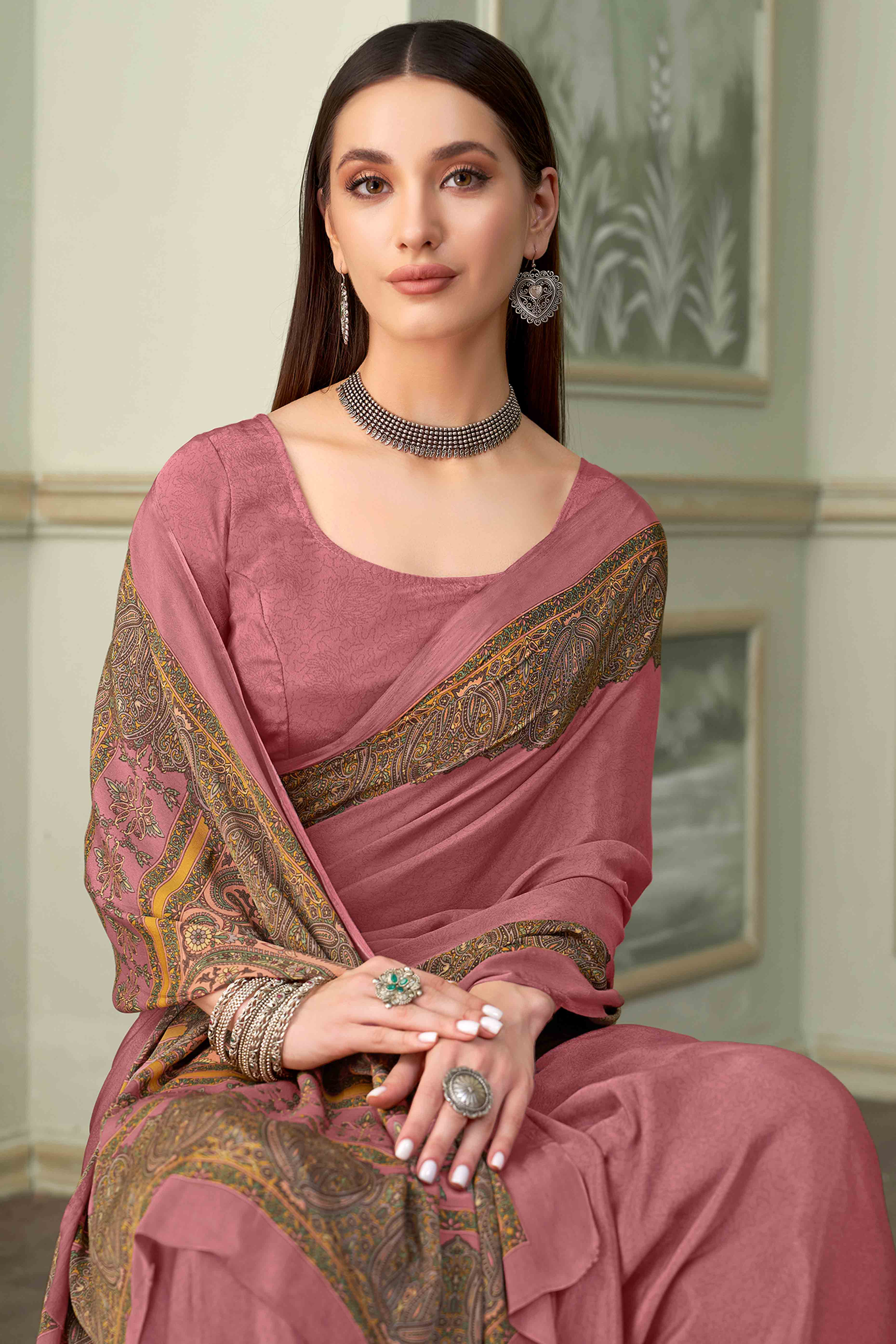 Onion Pink Floral Printed Crepe Silk Saree