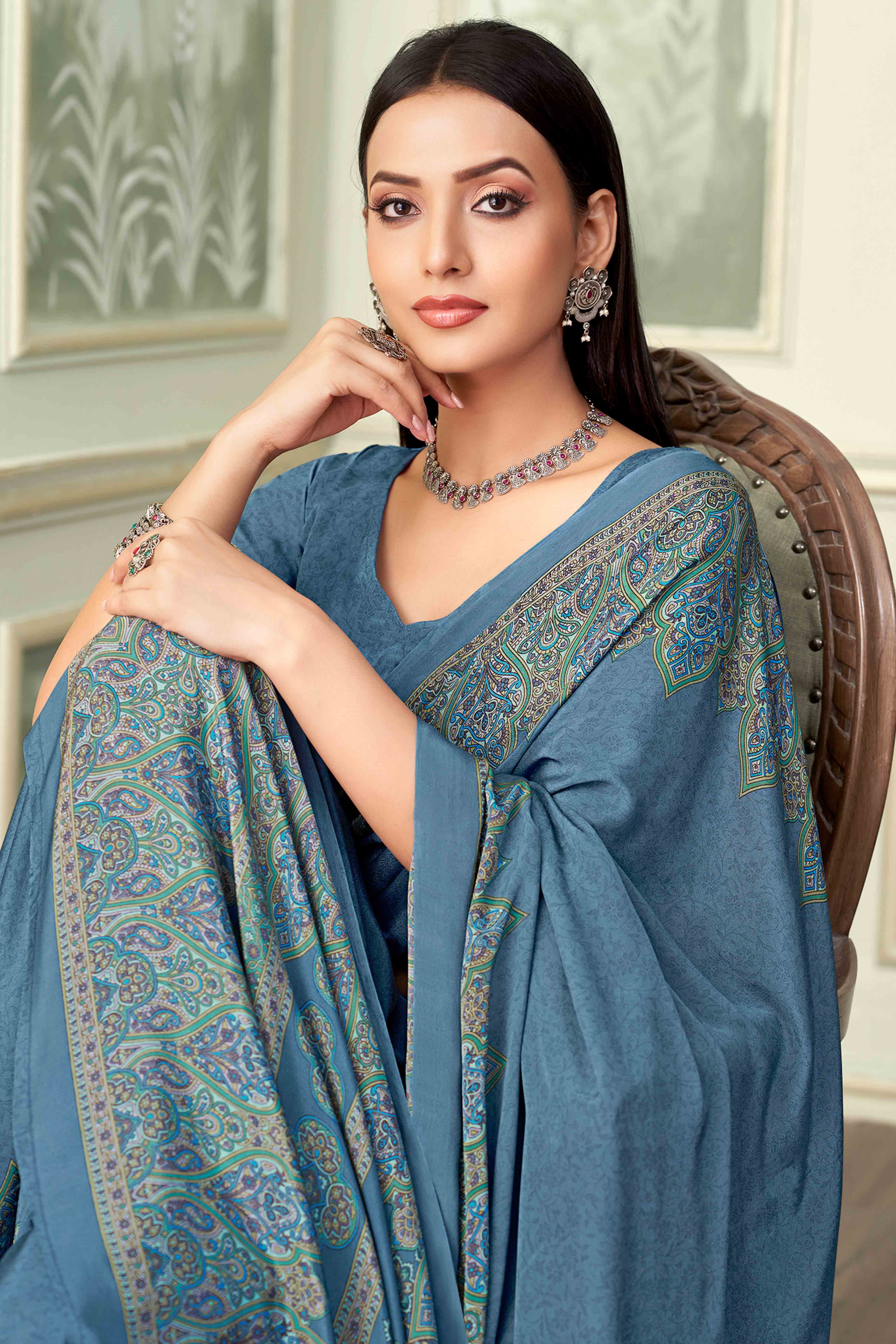 Bluish Grey Floral Printed Crepe Silk Saree