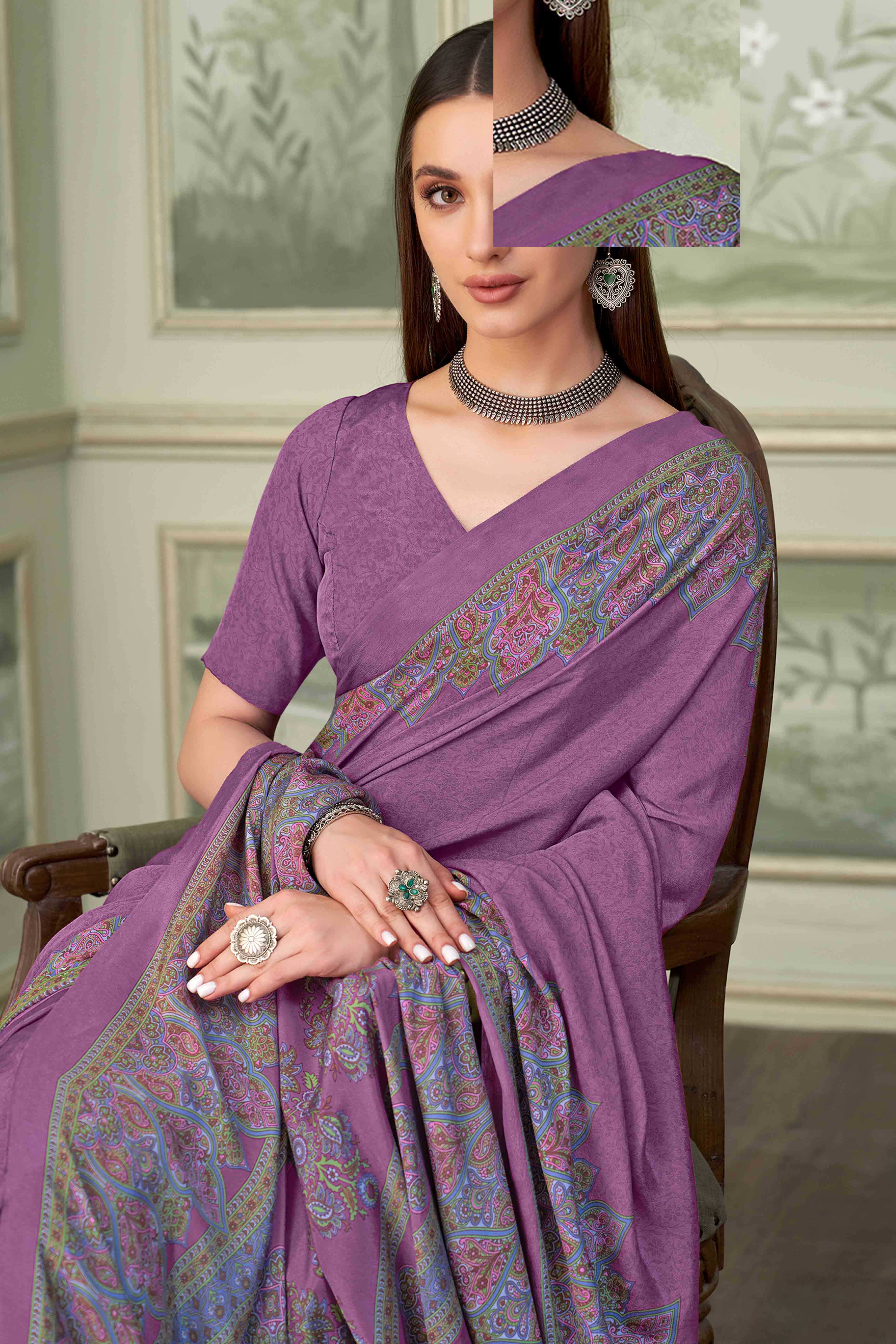 Purple Floral Printed Crepe Silk Saree