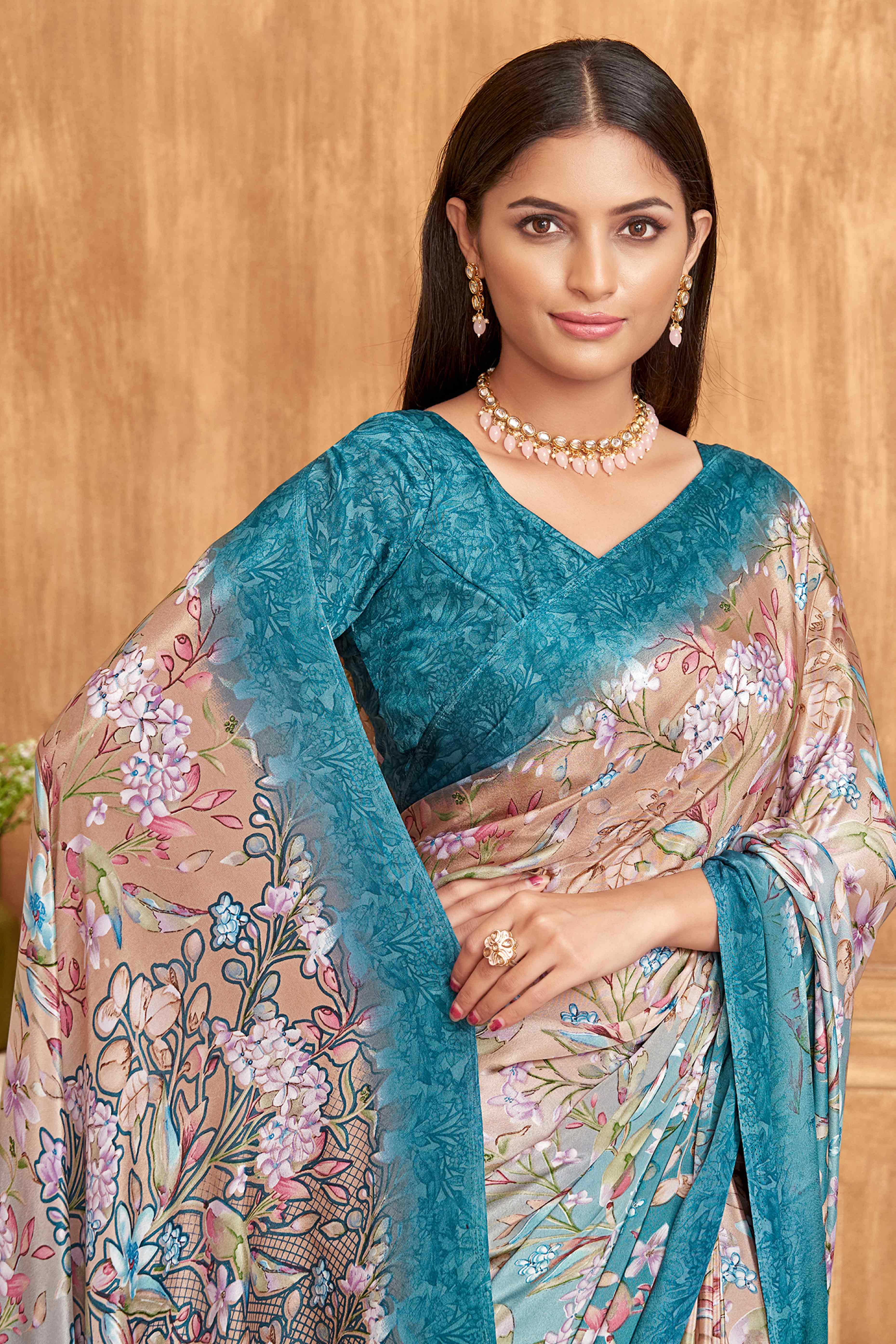 Blue Floral Printed Crepe Silk Saree