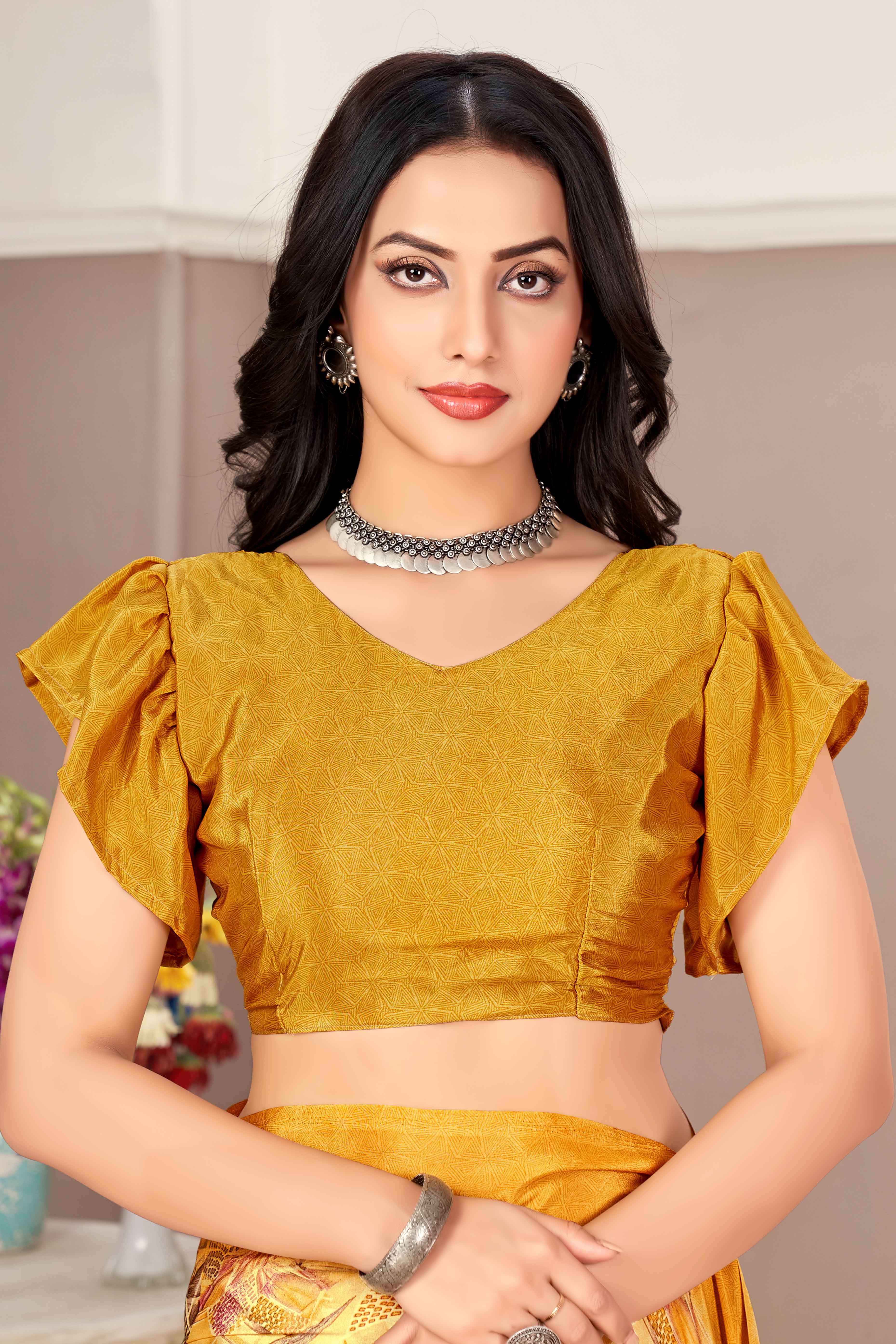 Mustard Silk Crepe Saree With Artistic Geometric Printed Work