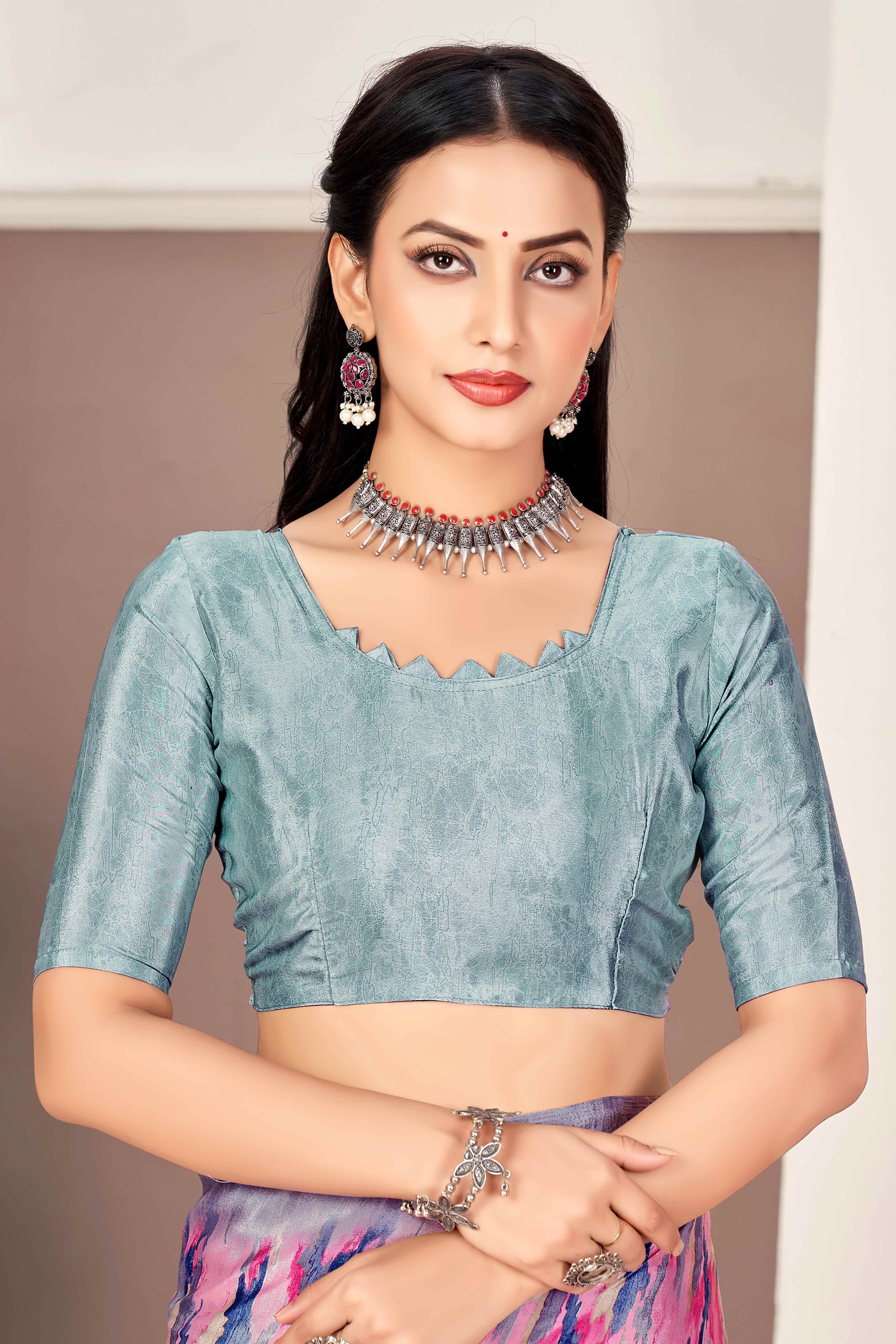 Pink & Grey Silk Crepe Saree With Artistic Abstract Printed Work