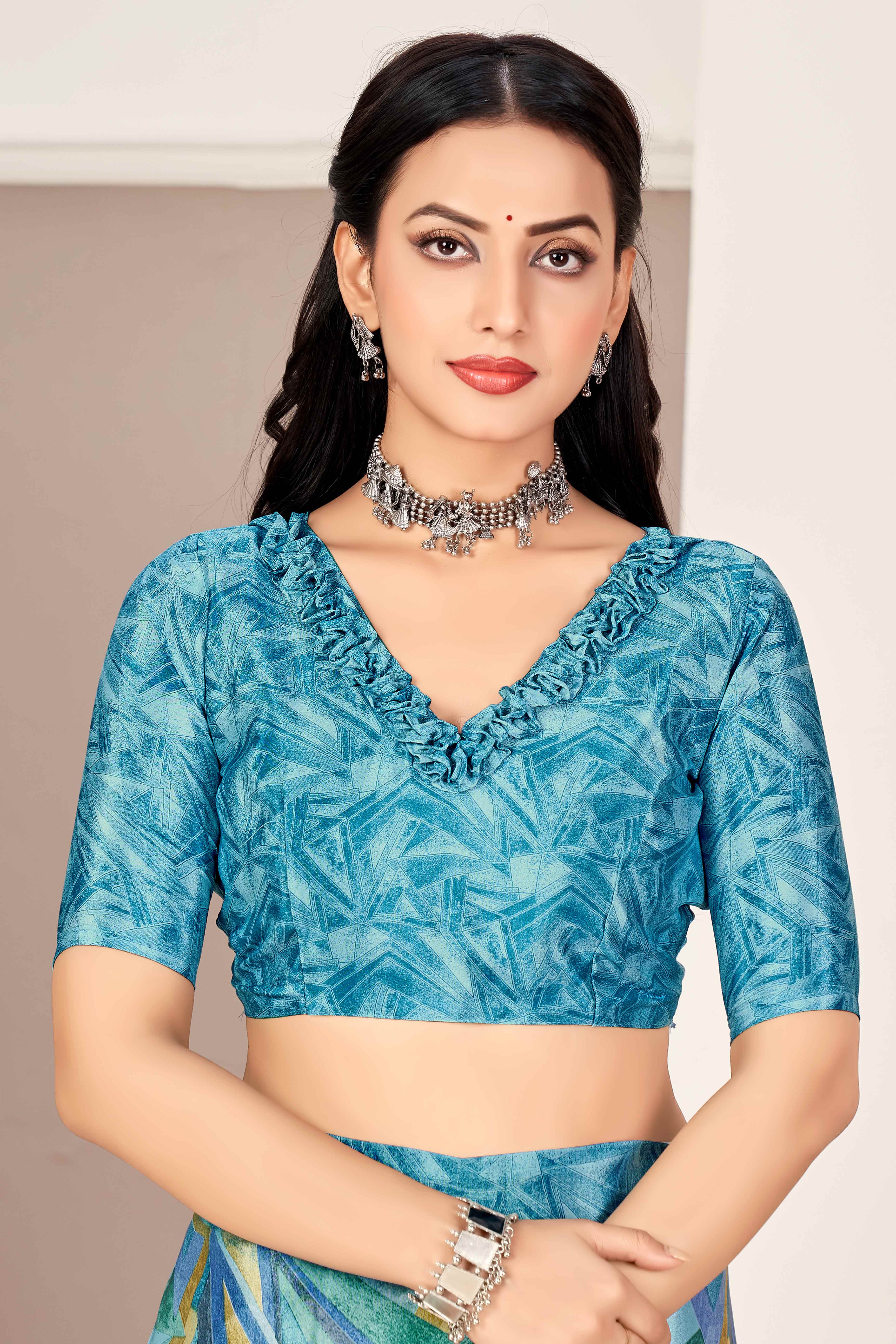 Blue Silk Crepe Saree With Artistic Geometric Printed Work