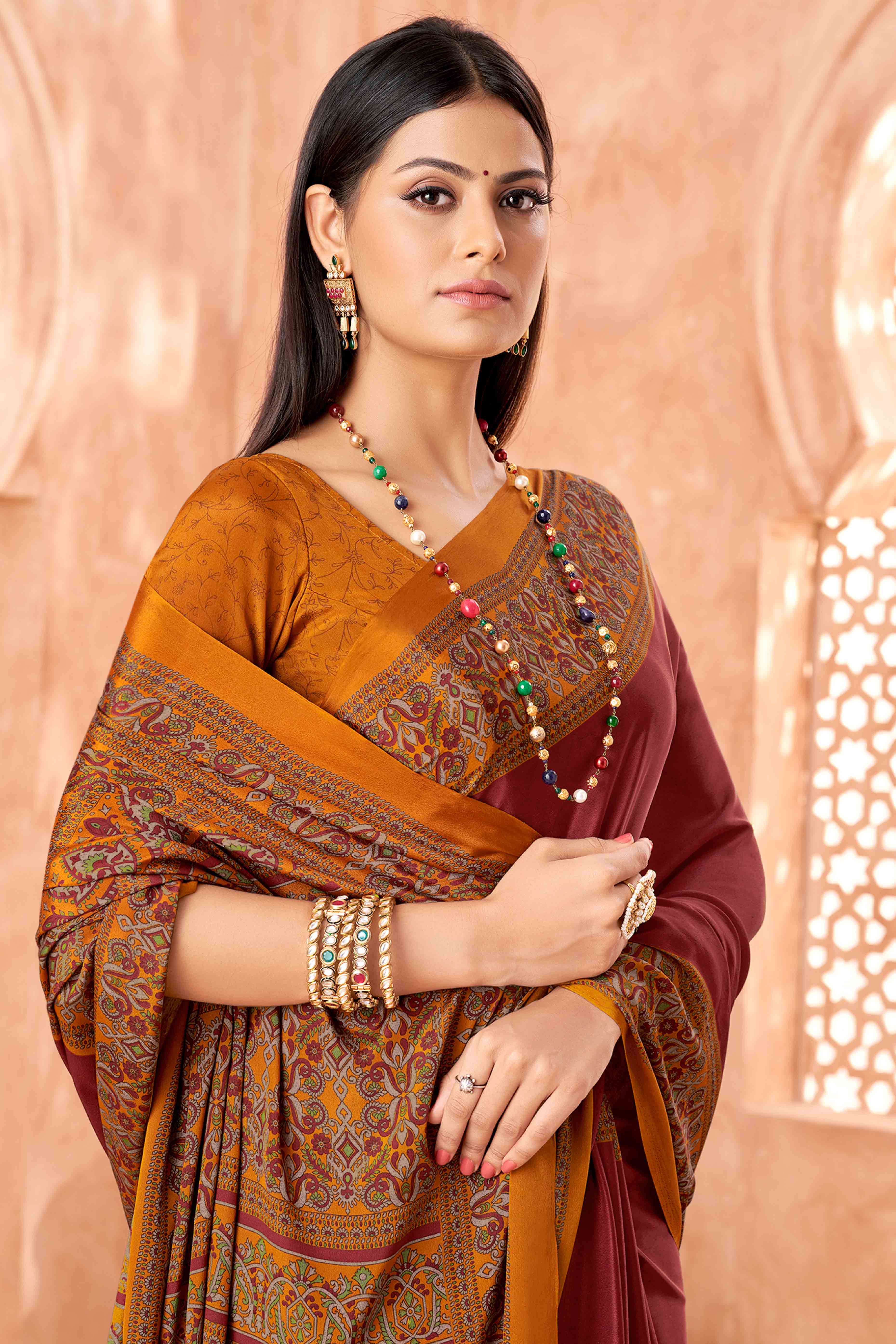 Maroon Crepe Silk Saree with Elegant Floral Print Detailing