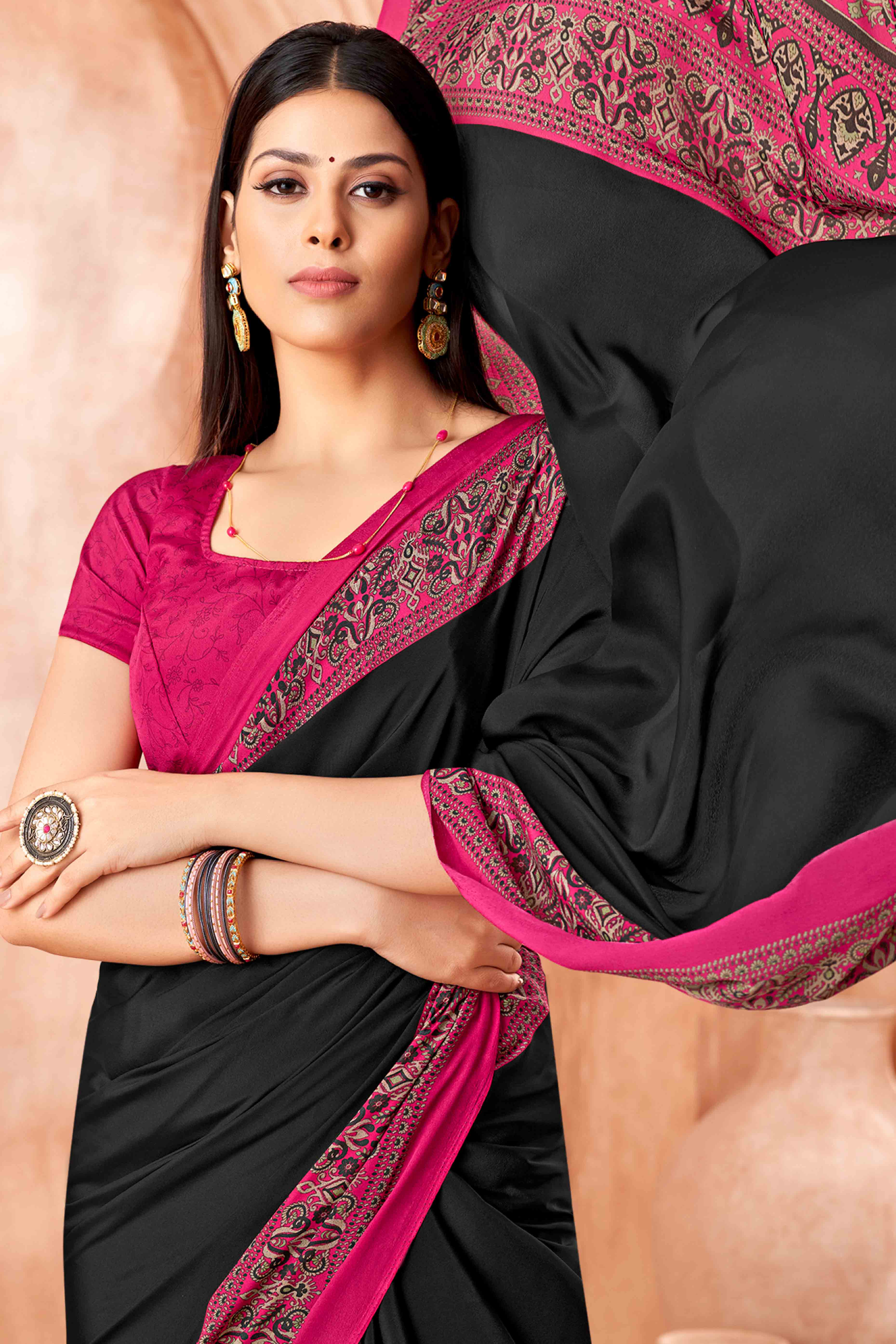 Black Crepe Silk Saree with Elegant Floral Print Detailing
