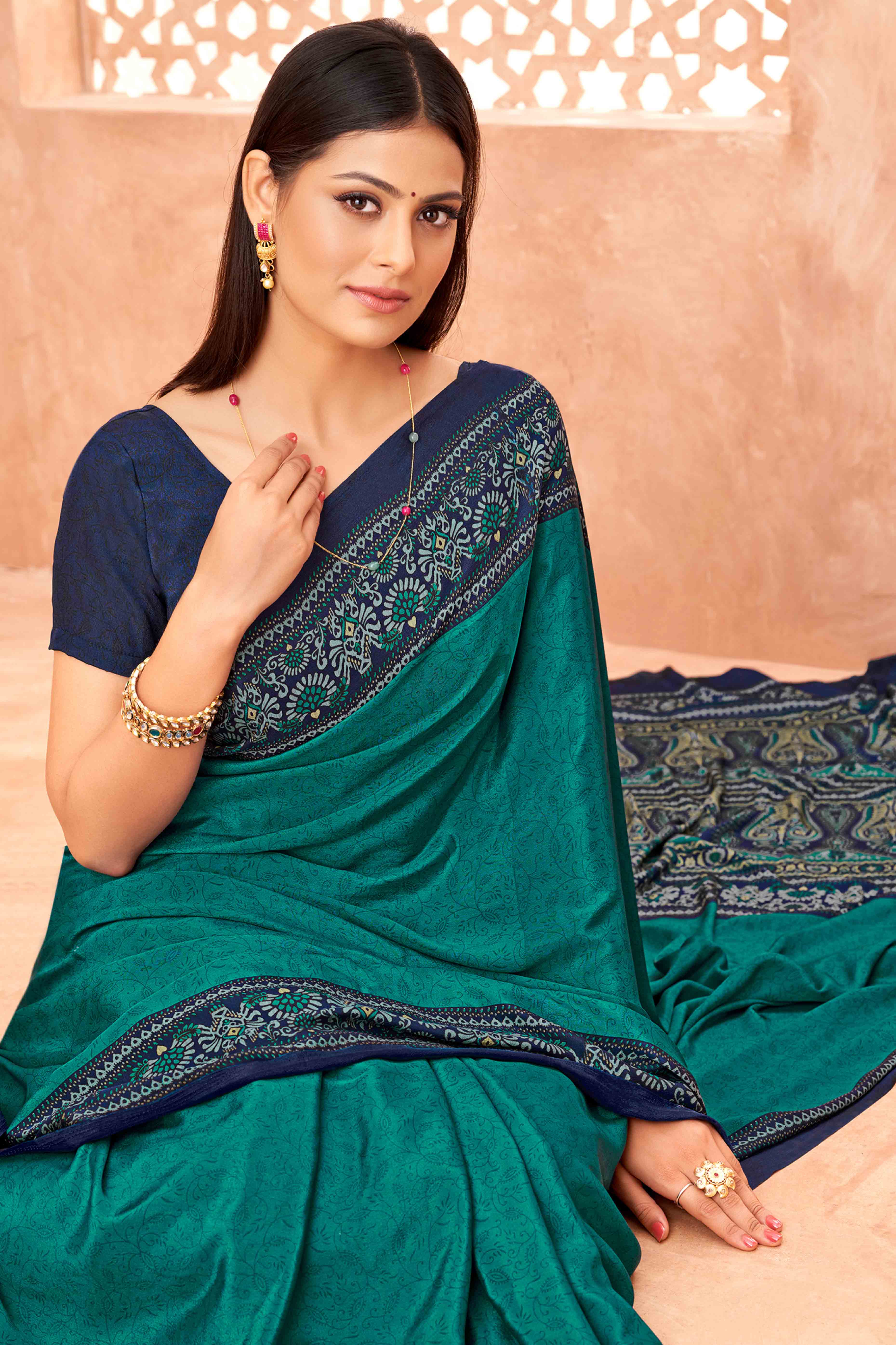 Teal Crepe Silk Saree with Elegant Floral Print Detailing