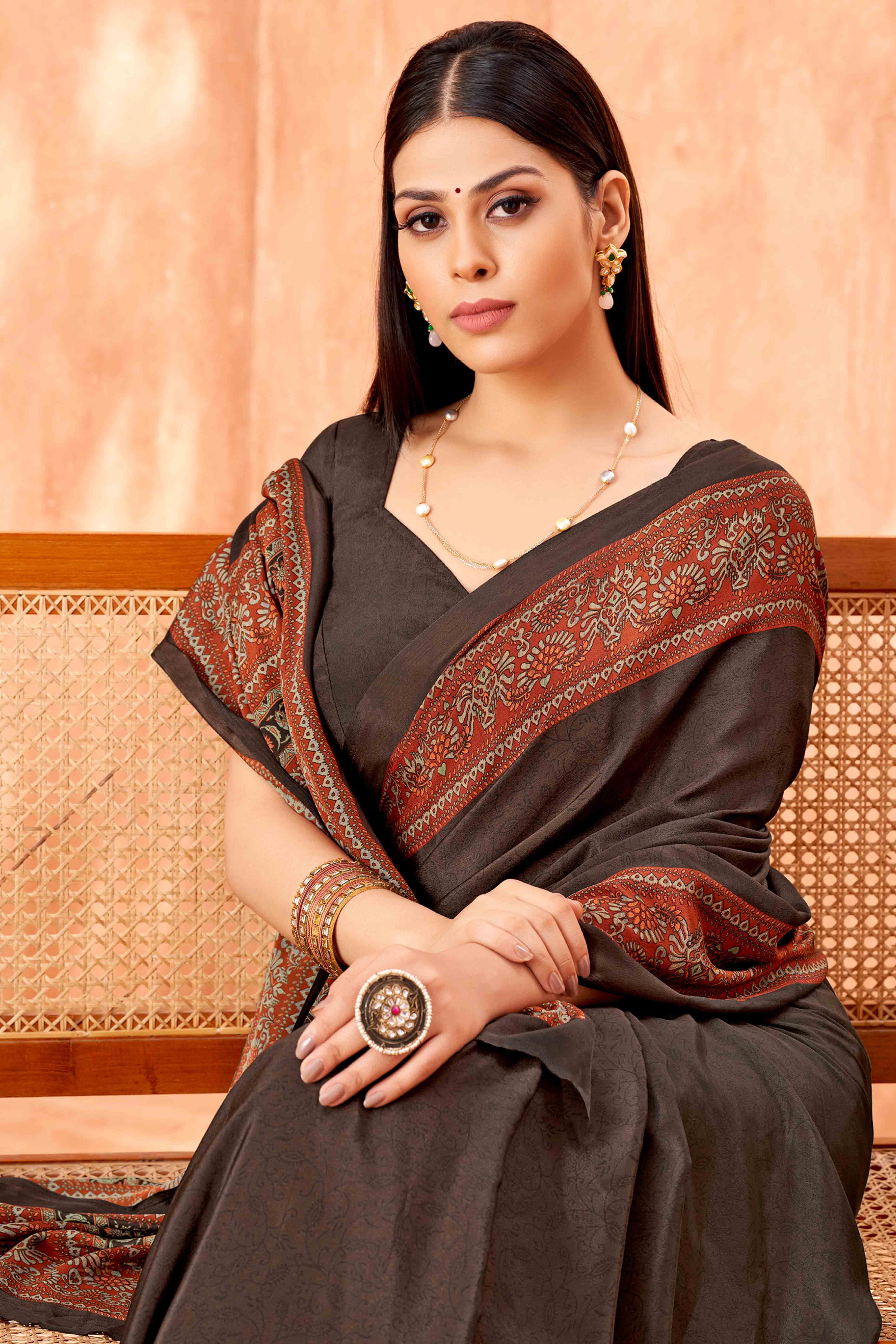 Brown Crepe Silk Saree with Elegant Floral Print Detailing
